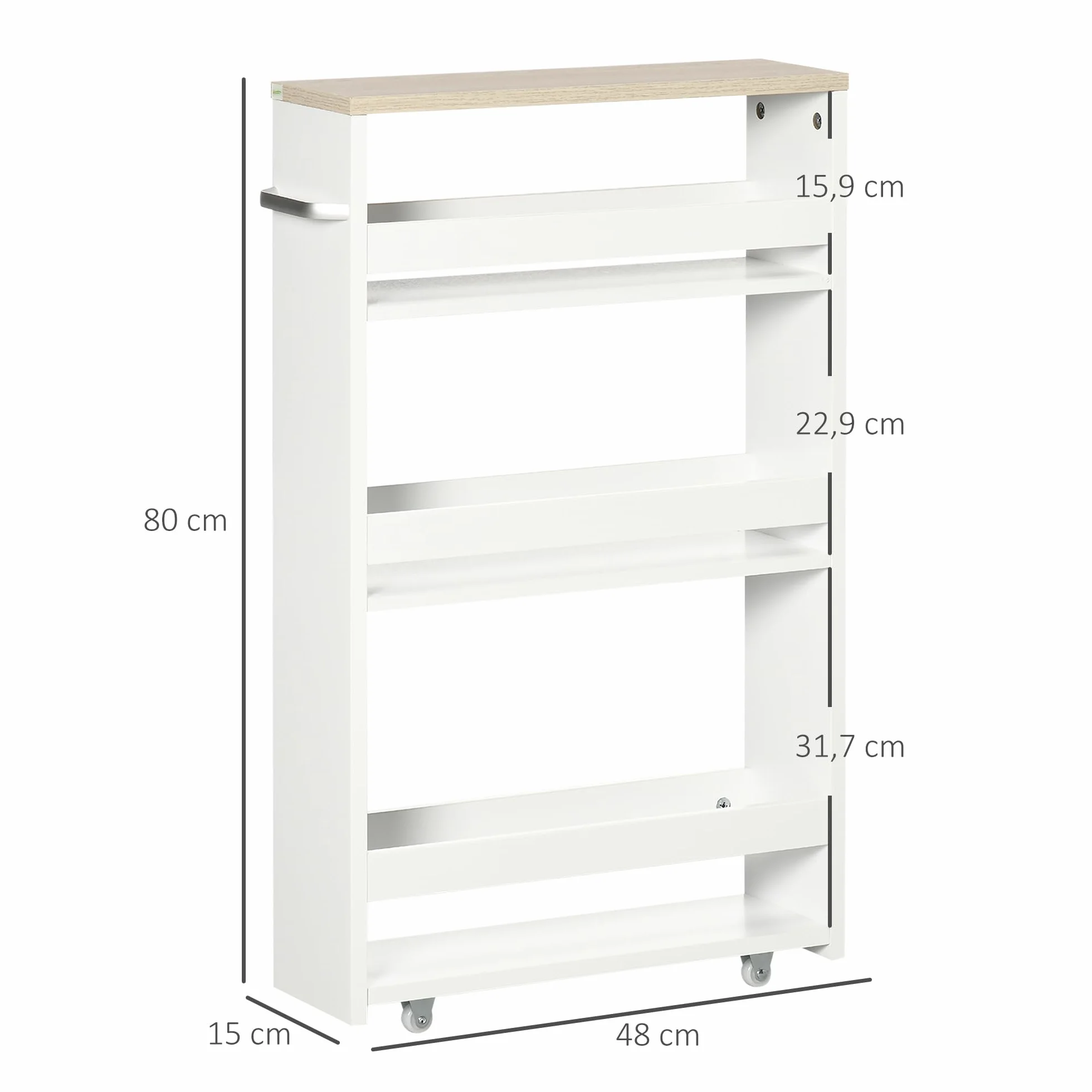 kleankin Wózek do przechowywania, 3-poziomowy, wózek magazynowy, regał na kółkach, do wąskiej kuchni, łazienki, pralni, biura, z uchwytem, 48 x 15 x 80 cm, biały