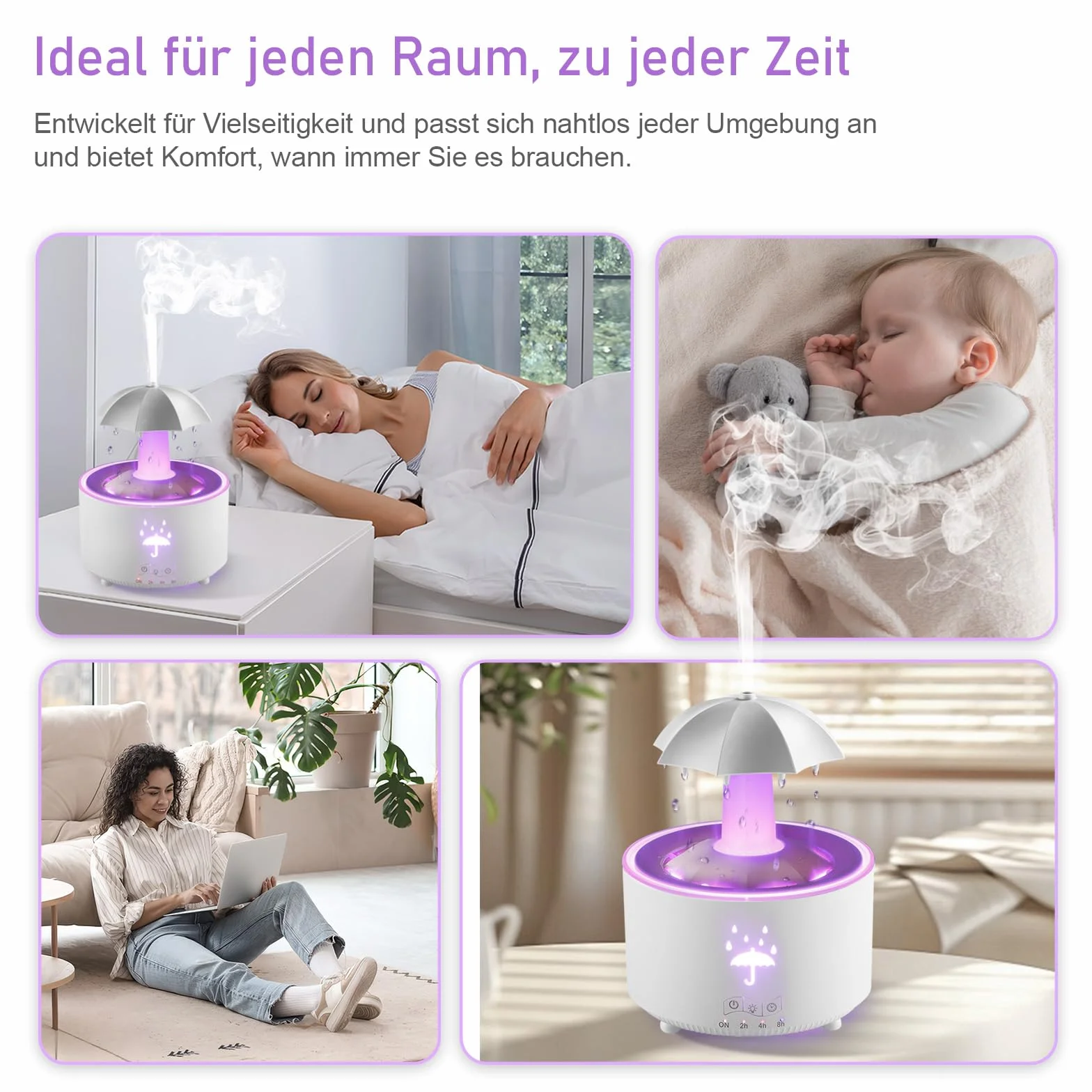 Justup Parasolowy nawilżacz powietrza, obracający się 7 kolorów LED do aromaterapii, duża pojemność 300 ml, nawilżacz z pilotem zdalnego sterowania (biały)