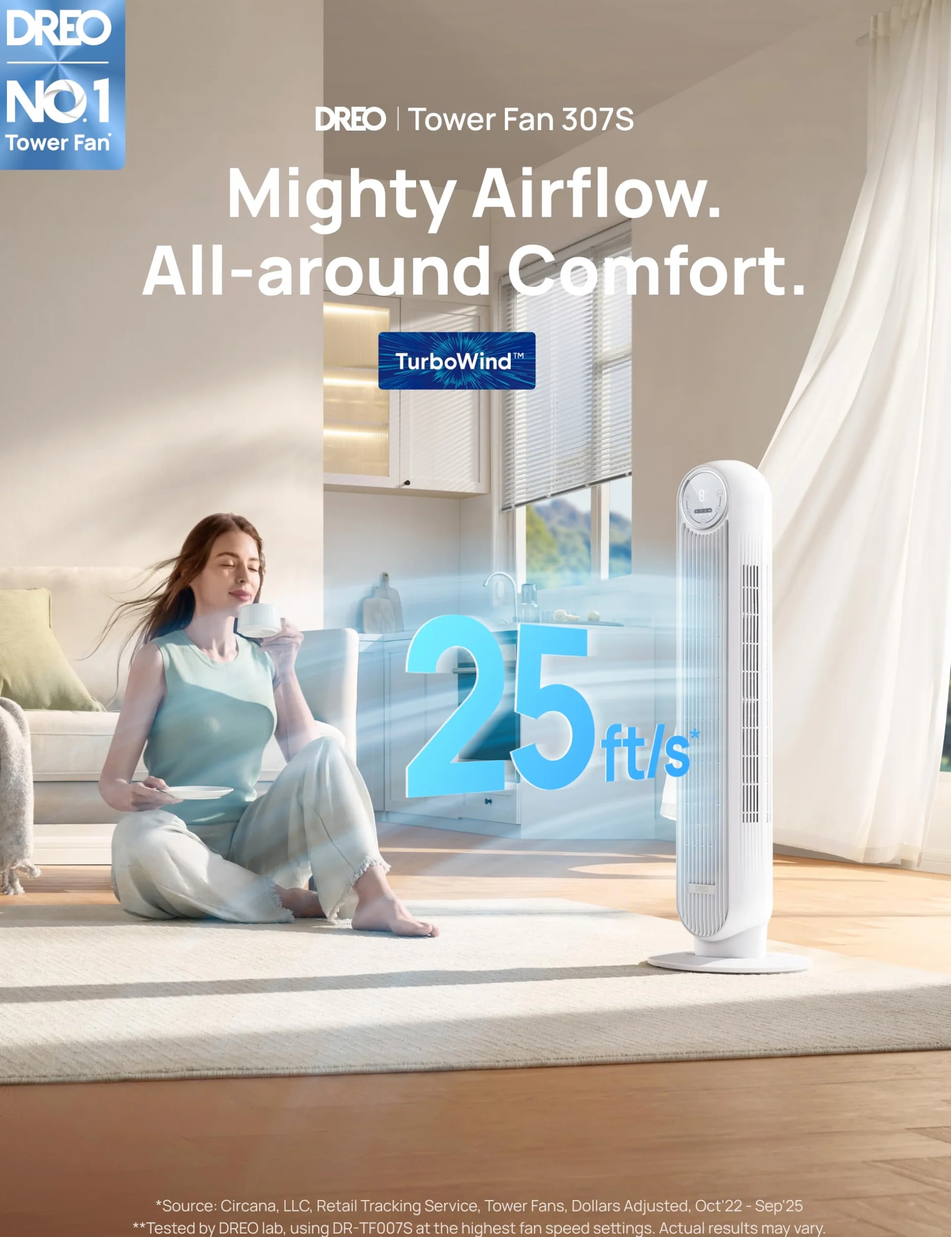 Dreo Inteligentny wentylator kolumnowy 20 dB, zasięg wyrzutu 10 m, 4 poziomy prędkości, 4 tryby pracy, 8 godzin, timer, 90°, z chłodzeniem, Wi-Fi i pilotem zdalnego sterowania, do sypialni, Nomad OneS
