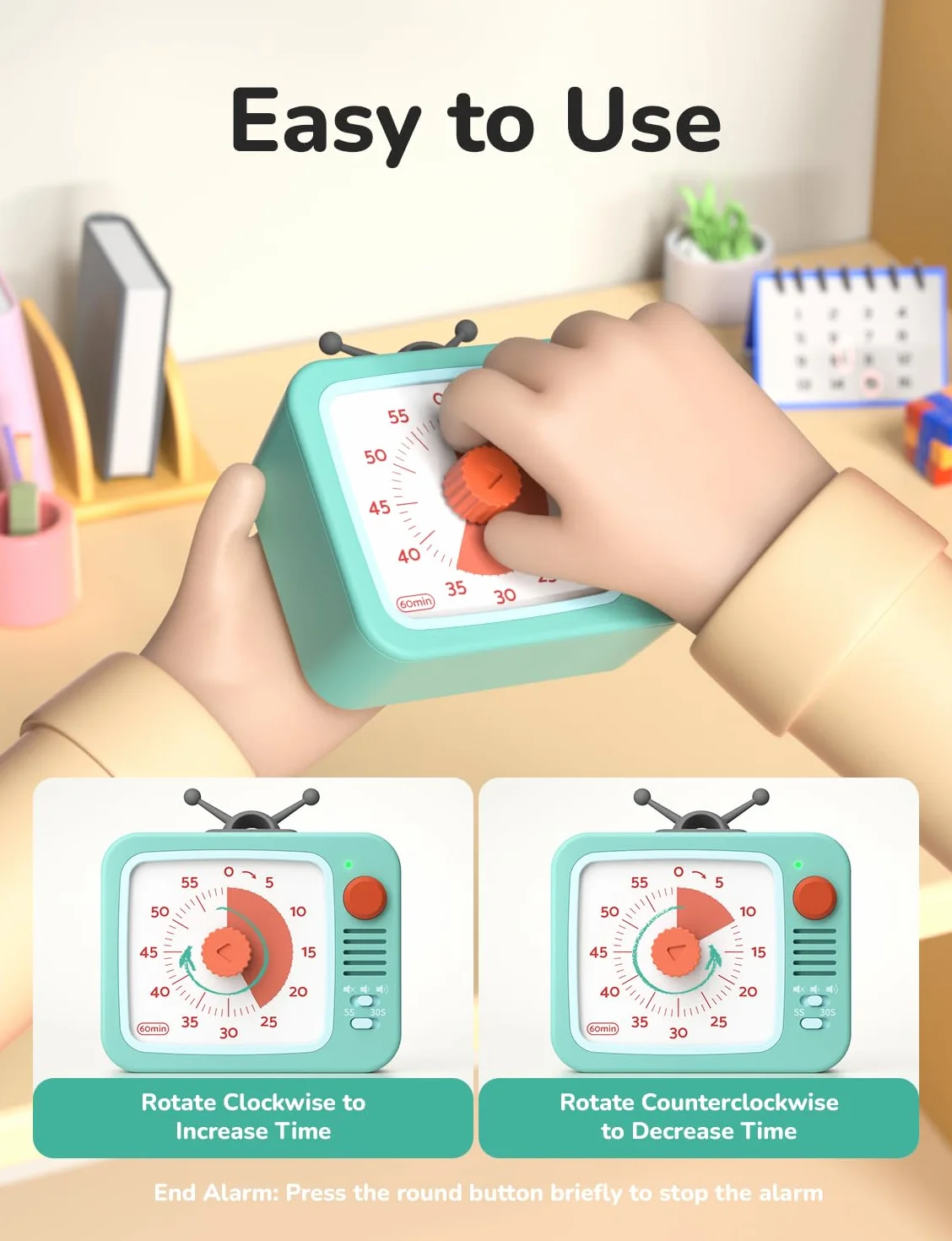 LIORQUE Wizualny timer dla dzieci, uroczy kreskówkowy design, 60-minutowy wizualny minutnik, odliczanie z cichą pracą, narzędzia do zarządzania czasem dla dzieci, do klasy, nauczania, gotowania