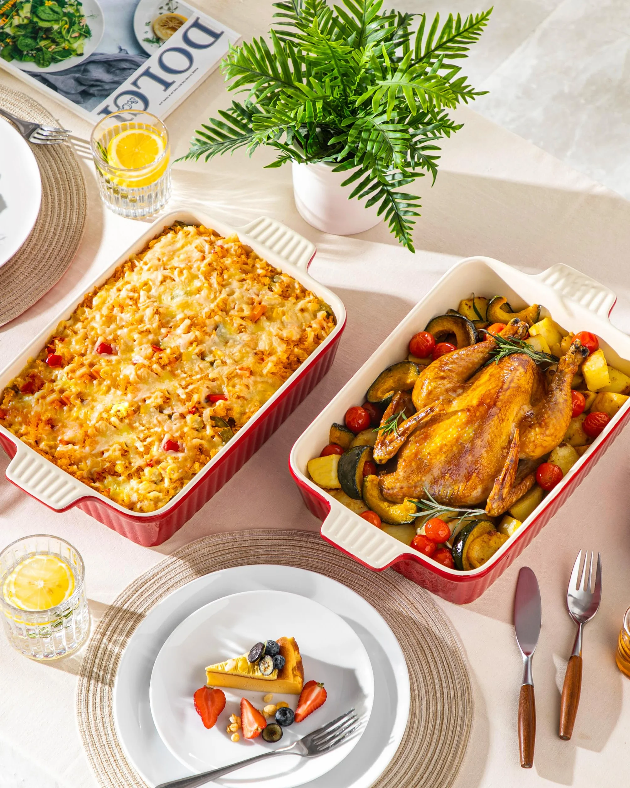 MALACASA 4,4 QT naczynie do pieczenia, 9 x 13 duże naczynie do zapiekania do piekarnika, ceramiczna forma do pieczenia, prostokątna, głęboka patelnia do lasagne z uchwytami do pieczenia, trwała