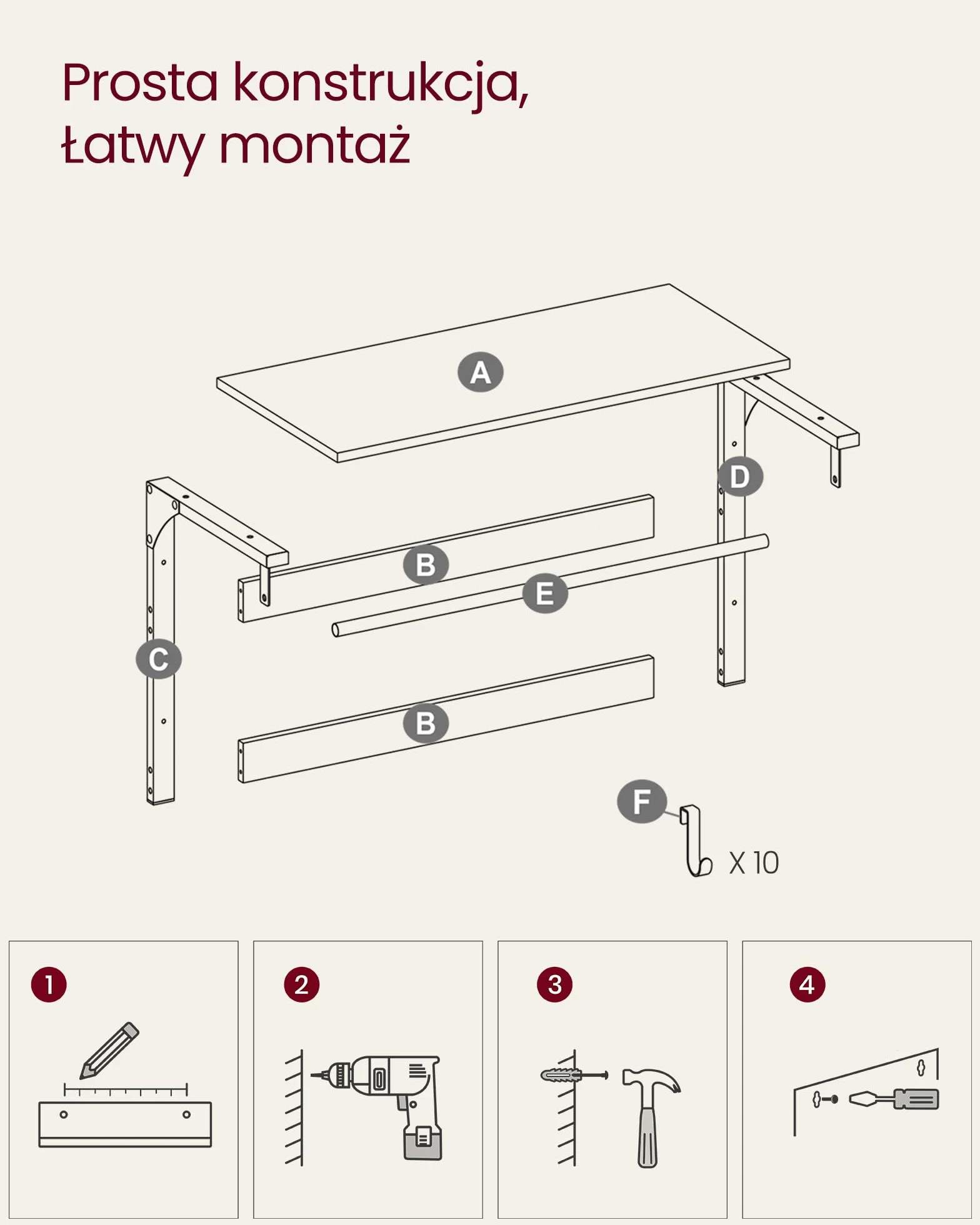 Wieszak ścienny VASAGLE, z półką, półka ścienna z 10 wymiennymi haczykami, półka wisząca, montaż na ścianie, drążek na ubrania, do przedpokoju, sypialni, łazienki, vintage brązowo-czarny LCR101B01