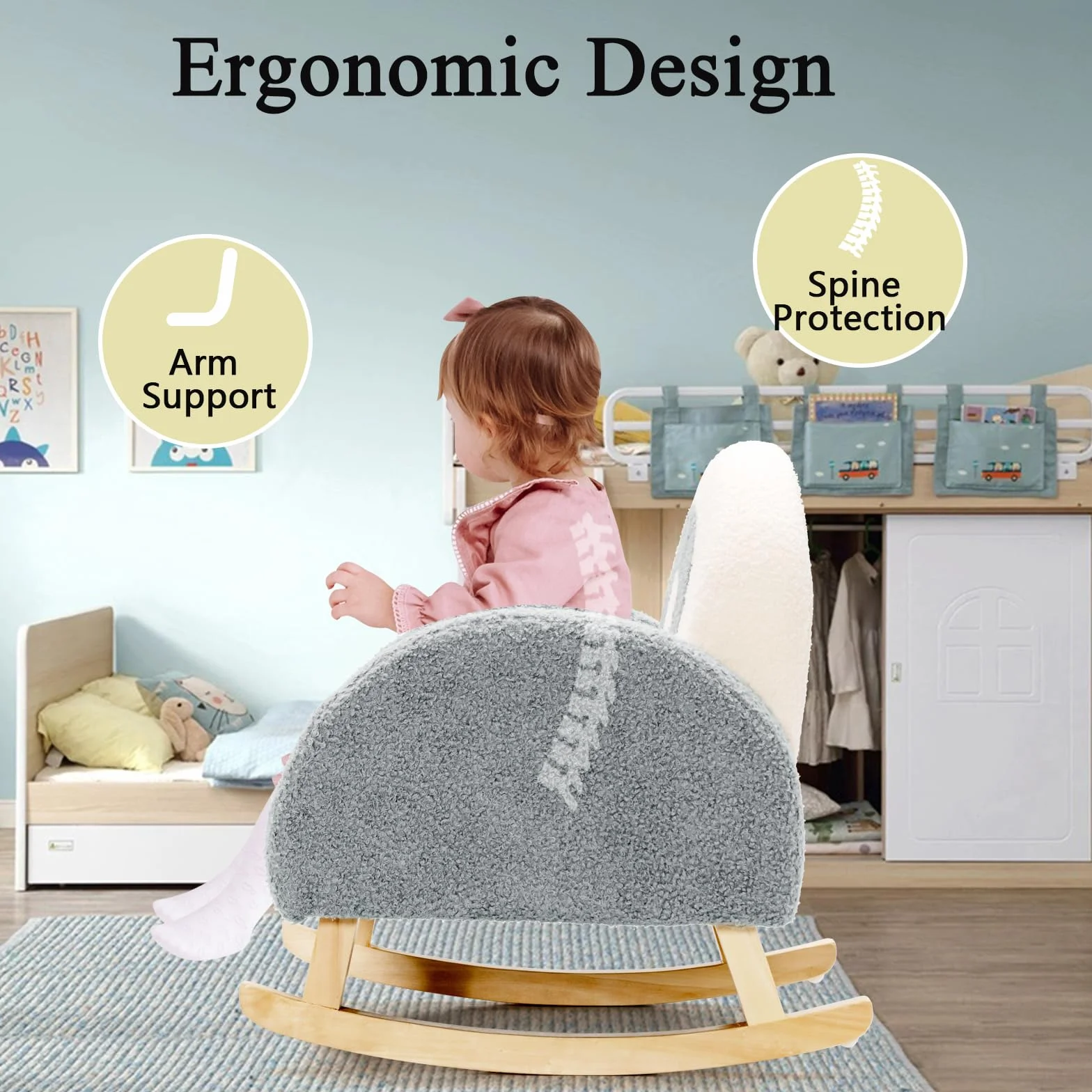 LIFEZEAL Fotel dziecięcy, sofa dla małych dzieci, mini sofa dla dziewczynek i chłopców, fotel bujany z aksamitnego materiału i nóg z litego drewna, krzesło do pokoju dziecięcego (szary)