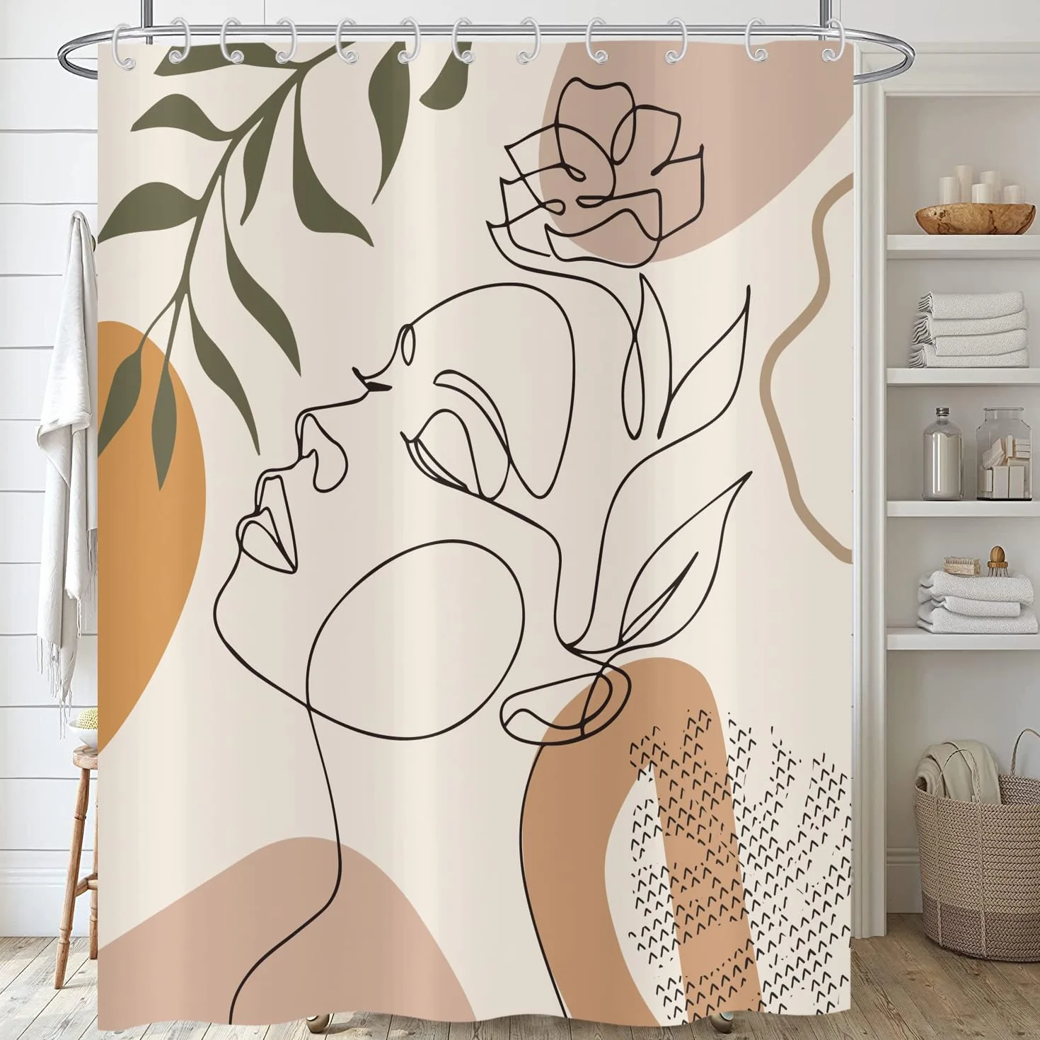 Zasłona prysznicowa w stylu boho, beżowa, 180 x 200 cm, nowoczesna, abstrakcyjna, dla dziewczynki, z twarzą, kwiat, zielone liście, nadaje się do prania, poliester, tkanina, wodoszczelna, z 12