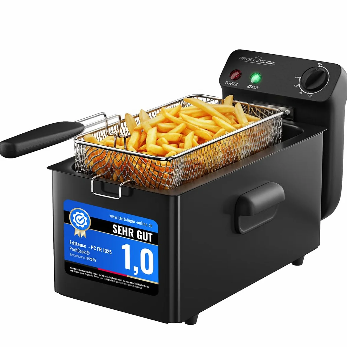 ProfiCook Frytkownica z tłuszczem, 130-190°C, frytkownica olejowa, 2000 W, 3 l, nadaje się do mycia w zmywarce, pokrywa chroniąca przed pryskaniem, frytkownica z zimną strefą, całkowicie zdejmowana