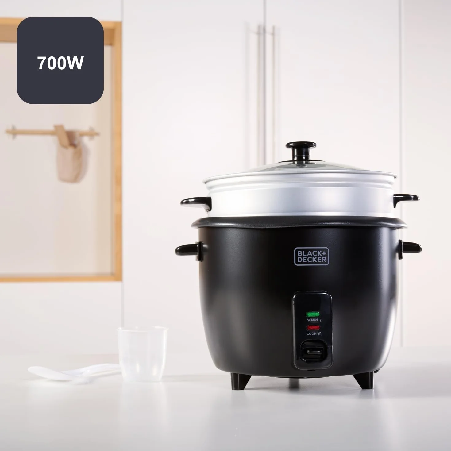 BLACK+DECKER Szybkowar do ryżu | BXRC1800E | 700 W | pojemność 1,8 litra | powłoka nieprzywierająca | funkcja gotowania i utrzymywania ciepła | akcesoria do gotowania na parze | biały