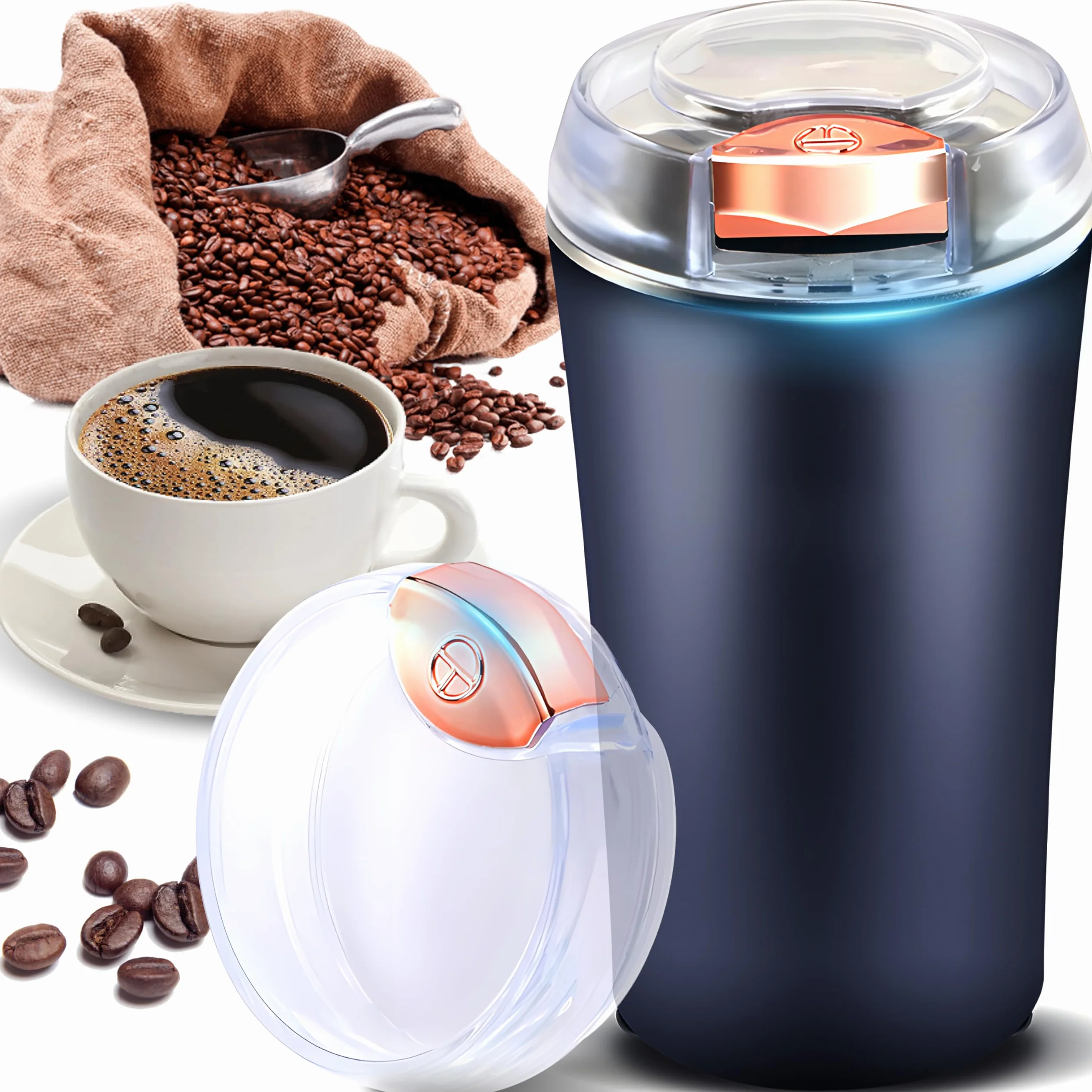 Retoo Elektryczny młynek do kawy z nożem udarowym i stalą nierdzewną, ceramiczny mechanizm mielący, regulowana grubość, espresso, French Press, kawiarnia