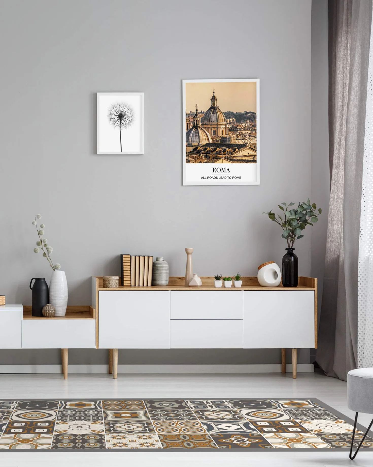 Panorama Mata podłogowa winylowa w płytki cementowe pomarańczowa 80 x 150 cm - mata kuchenna z linoleum winylu - antypoślizgowa zmywalna ognioodporna - mata do kuchni biura salonu - ochrona podłogi