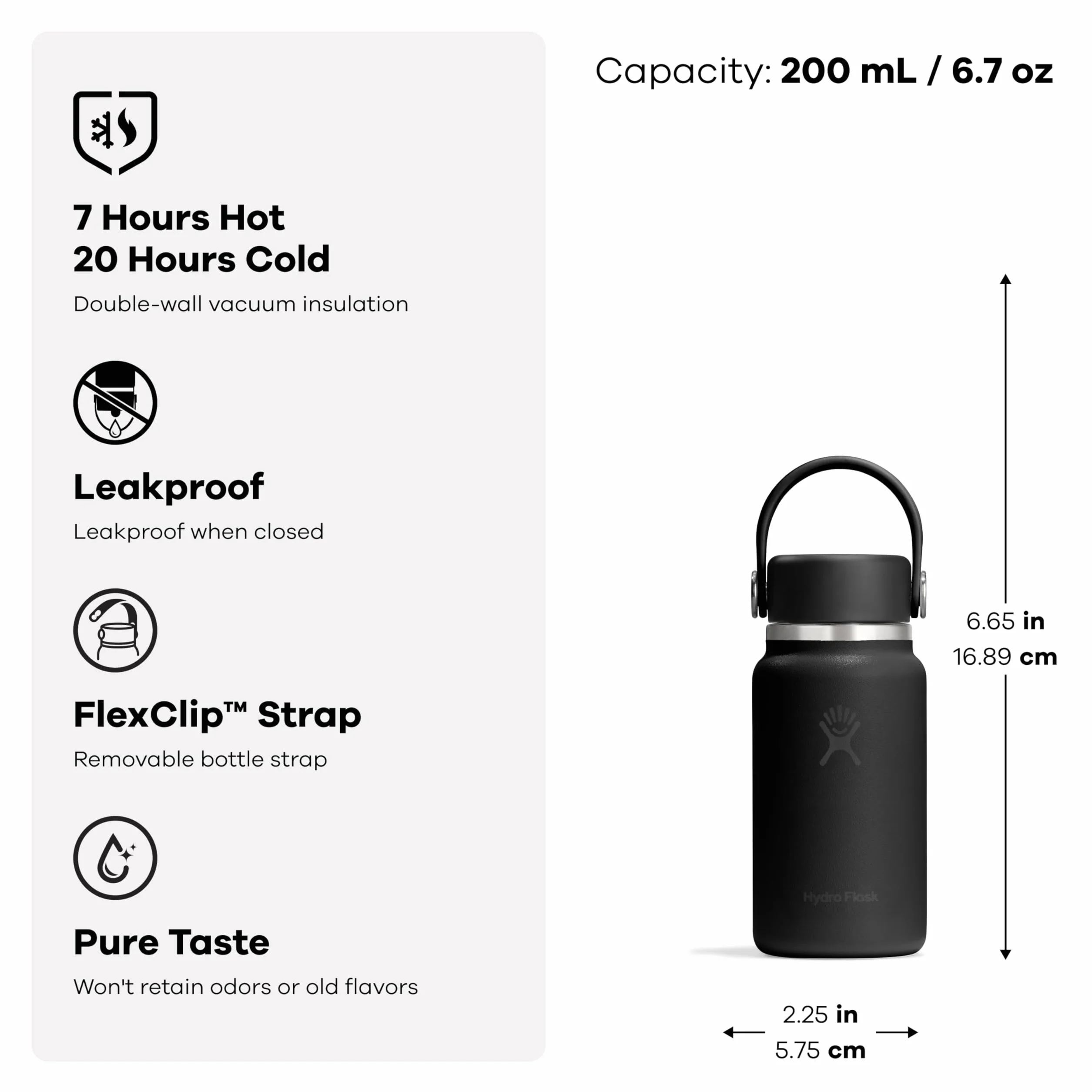 Hydro Flask Micro Hydro 200 ml – szczelna izolowana mini butelka z paskiem na klips – czarna