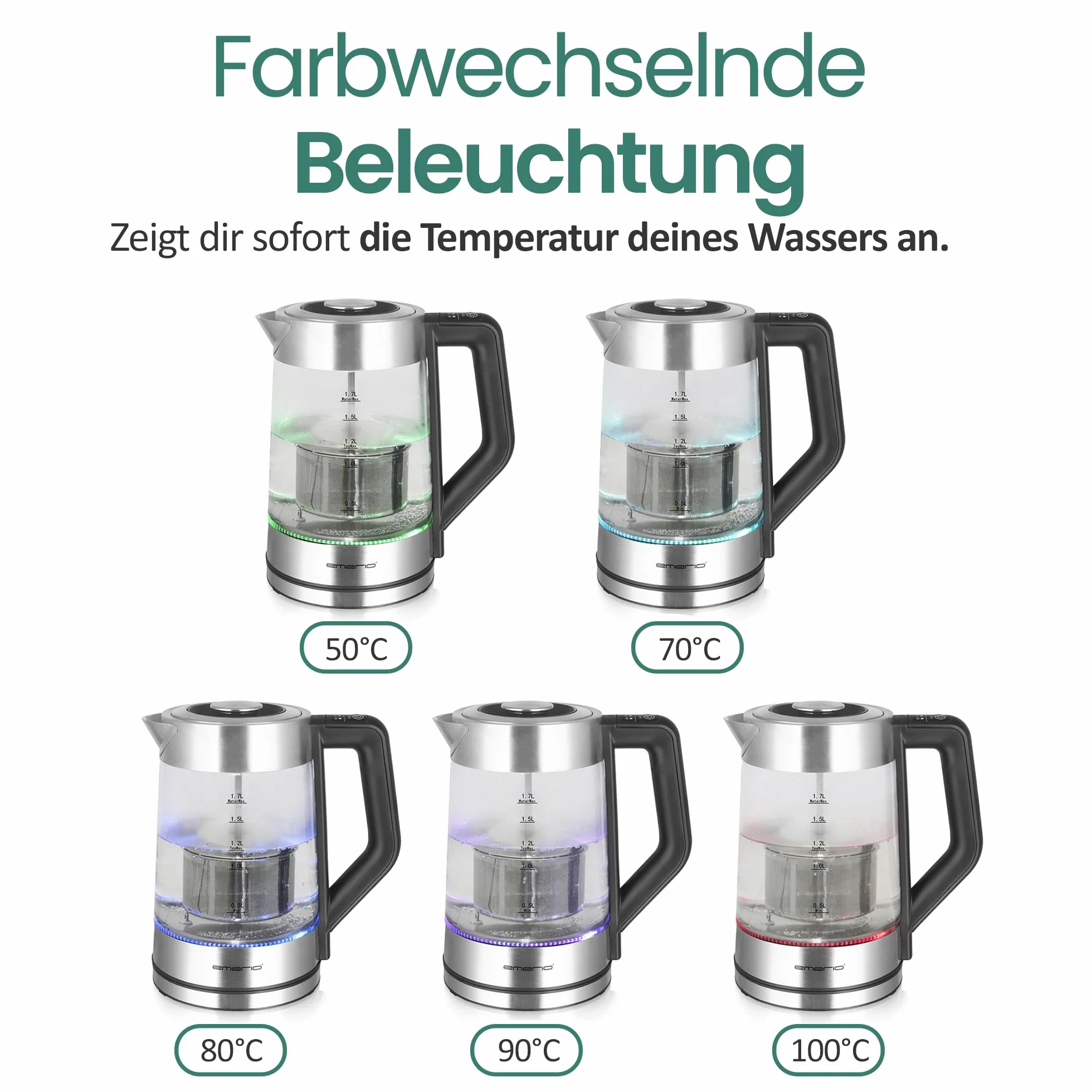 Emerio WK-122730 szklany zaparzacz do herbaty z wyborem temperatury 50-100°C, czajnik, sitko ze stali nierdzewnej, szkło borokrzemowe, BPA free