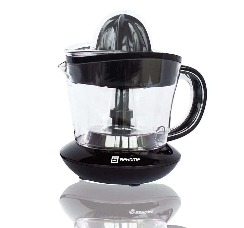 Behome Elektryczna wyciskarka do cytrusów, mała pojemność 700 ml, z tworzywa sztucznego, dwukierunkowy ruch, podwójny stożek, karafka z podziałką, czarna