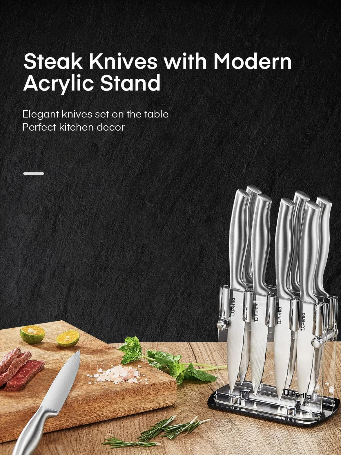 D. Perla Nóż do steków, zestaw noży do steków 9 sztuk, zestaw ostrych noży do steków z ergonomicznym uchwytem, ​​8 ząbkowanych noży do steków i akrylowy uchwyt na nóż