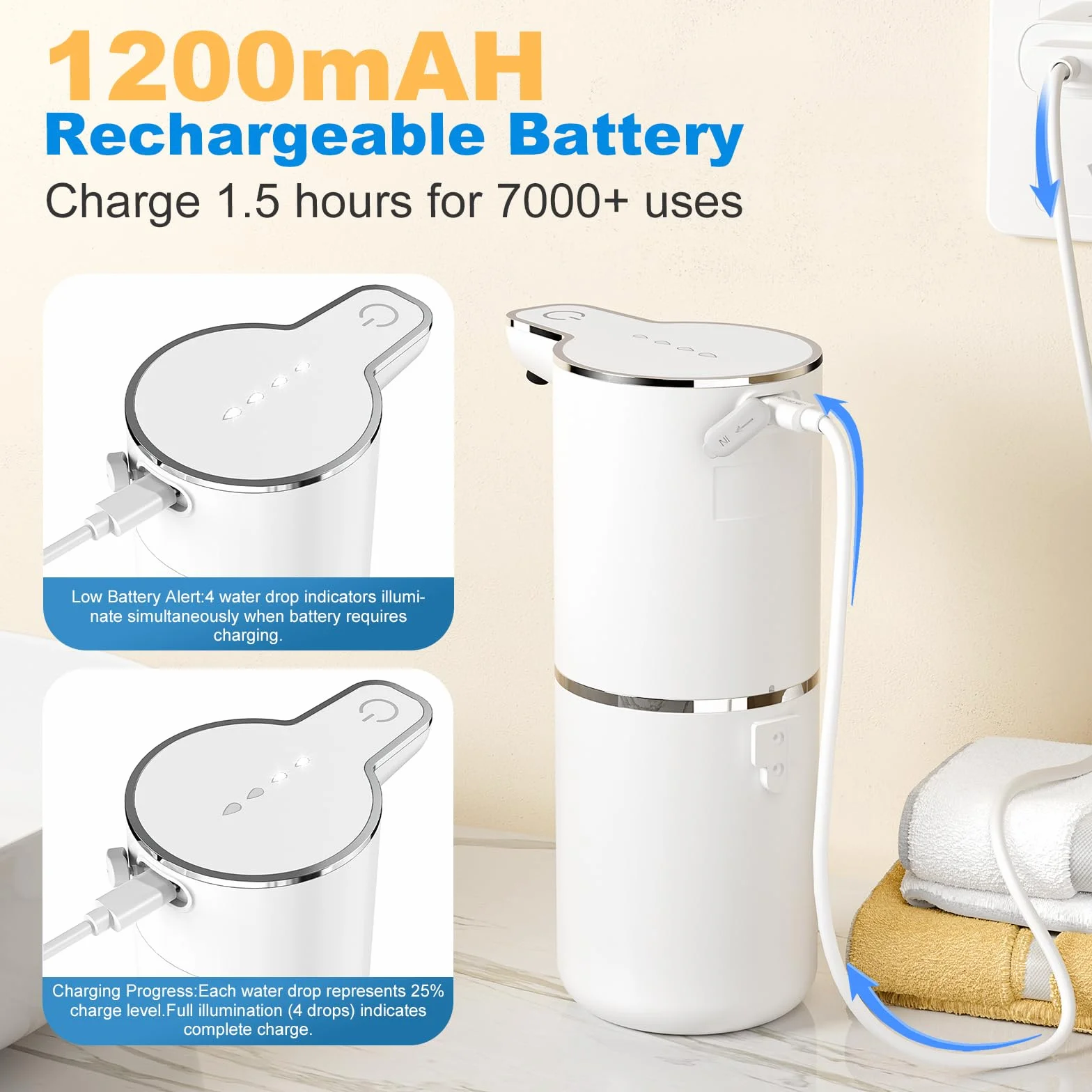 1200mAh Automatyczny dozownik mydła, 350ml Elektryczny dozownik mydła z czujnikiem podczerwieni, 4 poziomy regulacji, wodoodporny IPX5 do kuchni, łazienki, szkoły, hotelu