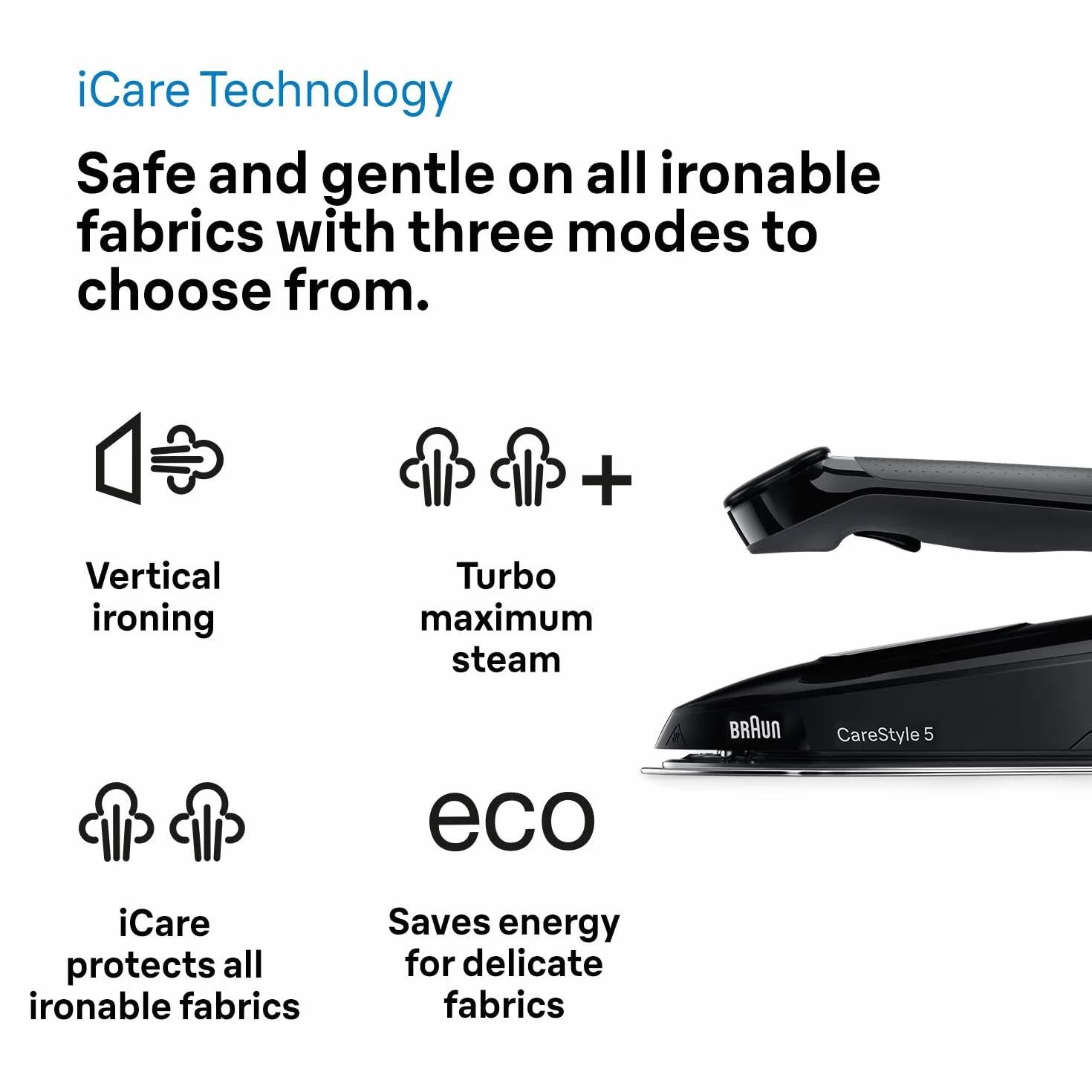 Braun CareStyle5 IS5249BK żelazko z kotłem z 5 lat serwisu, 150 g/min Para, szybkie ogrzewanie, tryb iCare, pionowe prasowanie, zdejmowany zbiornik 2L, 2400 W, czarny
