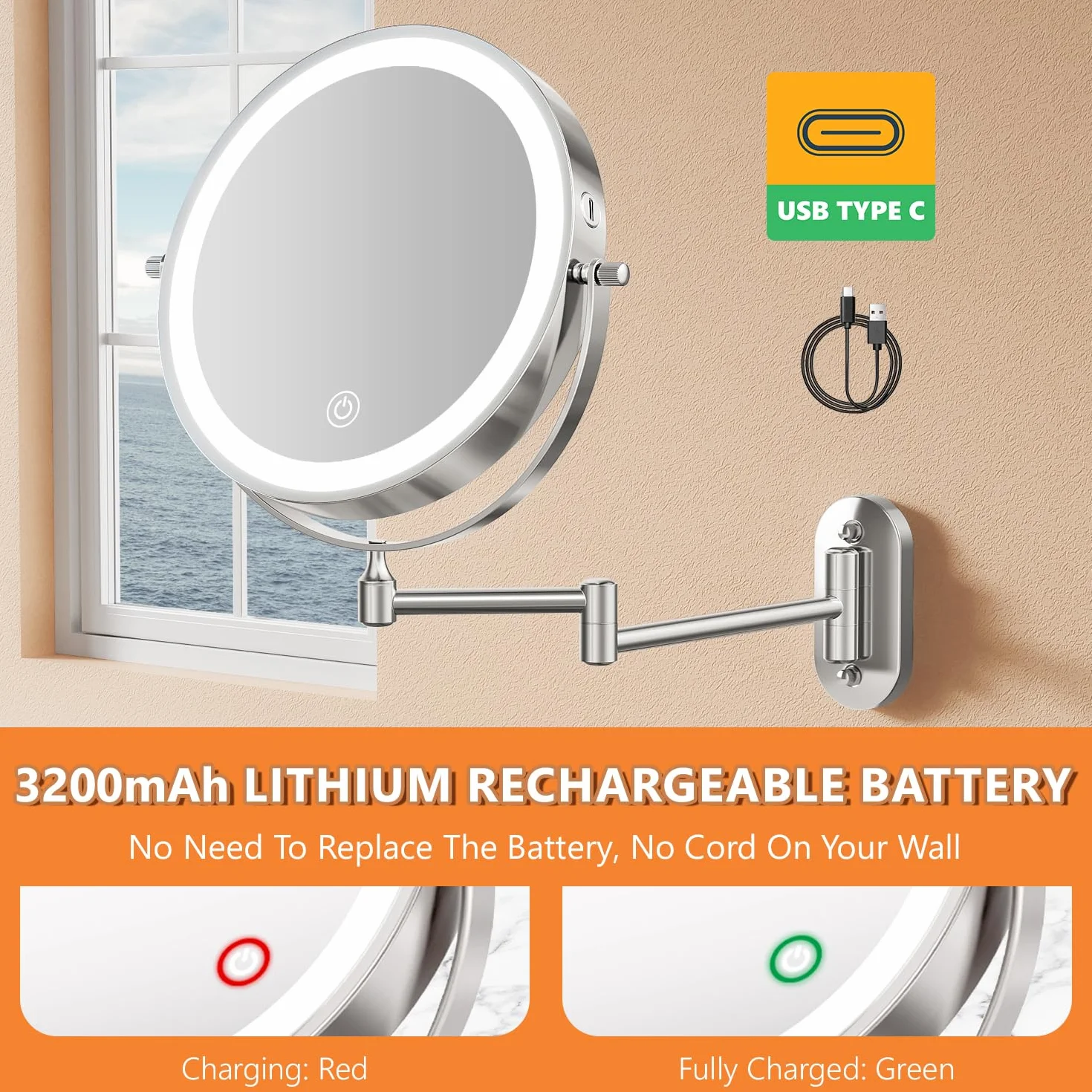 Podświetlane lusterko kosmetyczne Auxmir, lusterko do makijażu z akumulatorem 1X/30X, lusterko do golenia naścienne o pojemności 3200 mAh, ściemnialne lusterko powiększające z 3 kolorami światła, obro