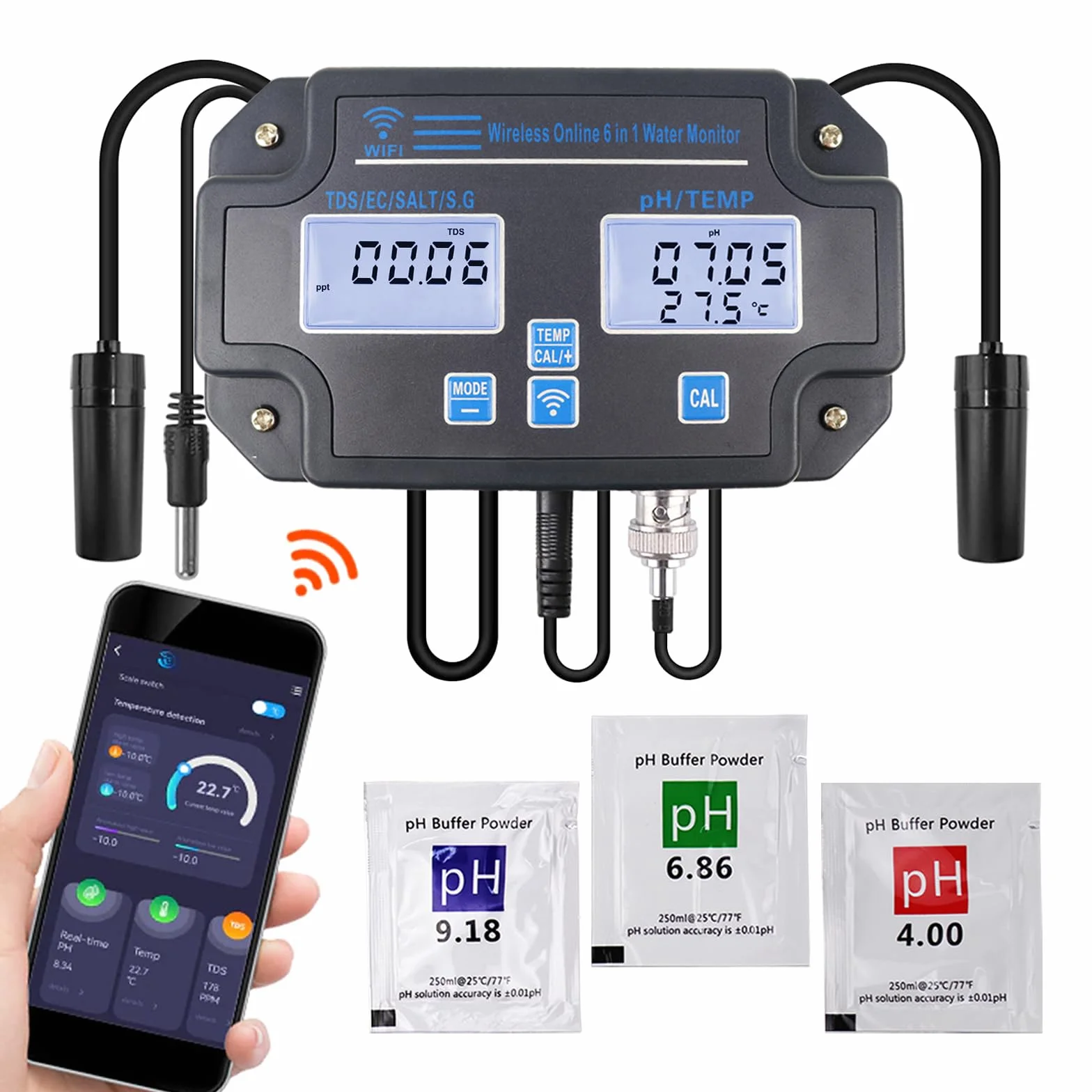 Tester jakości wody WLAN, monitor pH 6 w 1, mierzy pH/EC/TDS/zasolenie/ciężar i temperaturę, 24-godzinny monitoring aplikacji online i zapisywanie krzywych danych, miernik pH montowany na ścianie