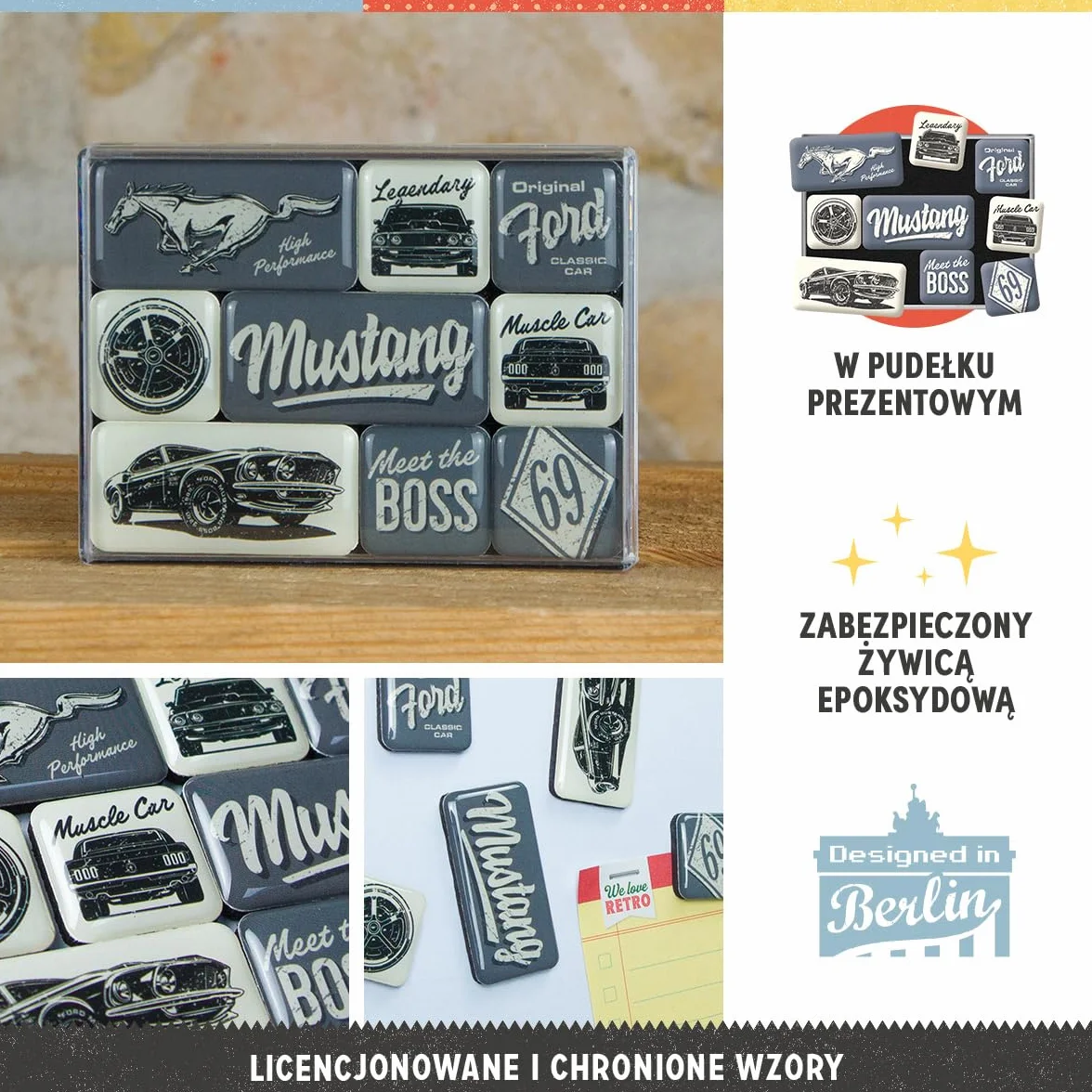 Nostalgic-Art Retro magnesy na lodówkę, 9 sztuk, Ford Mustang – The Boss – Pomysł na prezent dla miłośników Forda, Official License Product (OLP), zestaw magnesów, Styl vintage