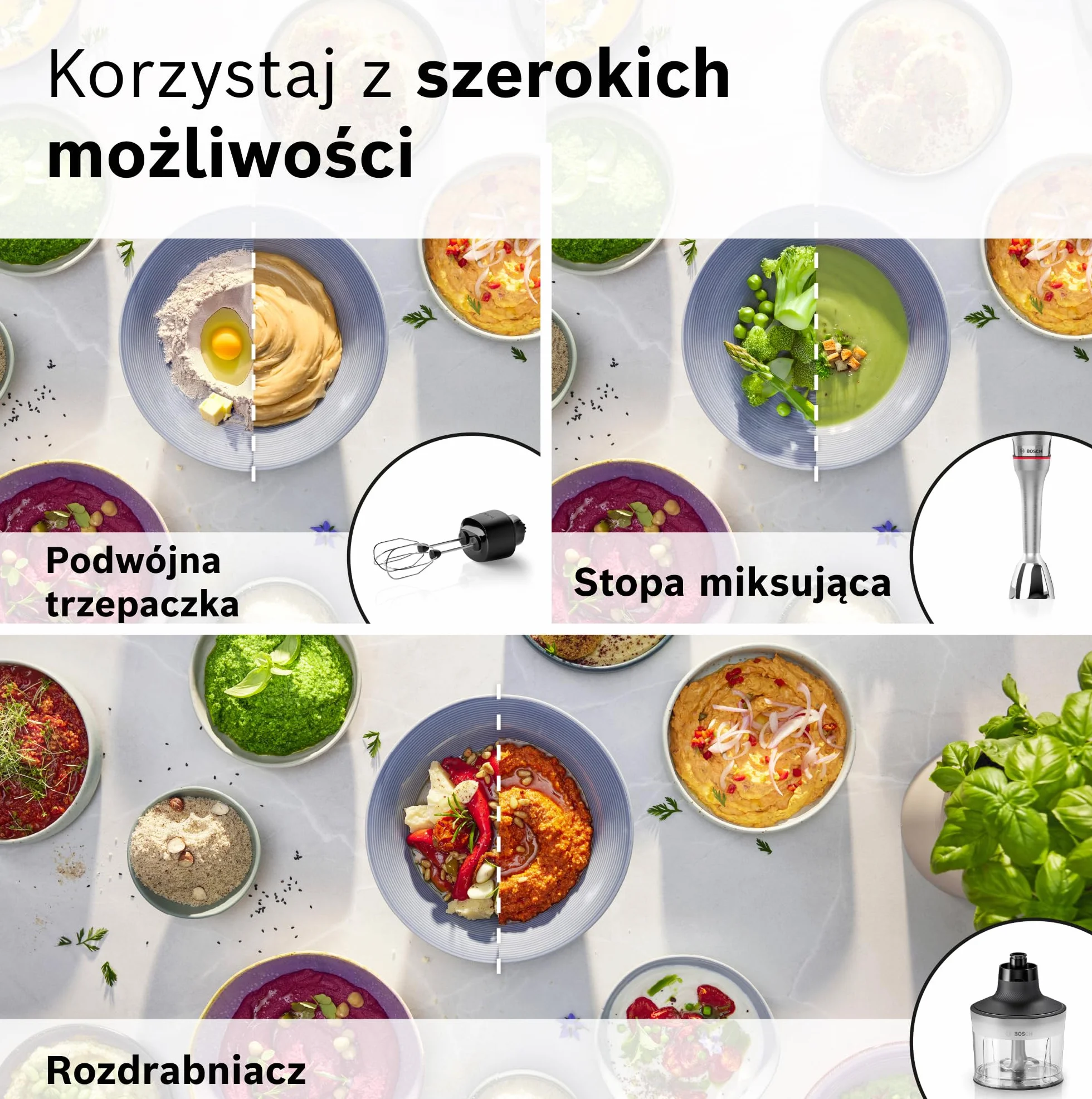 Bosch, blender ręczny, ErgoMaster Serie 8, silnik 1500 W, intuicyjna regulacja prędkości, 6-ramienne ostrze, akcesoria w zestawie, stal nierdzewna, MSM8M934