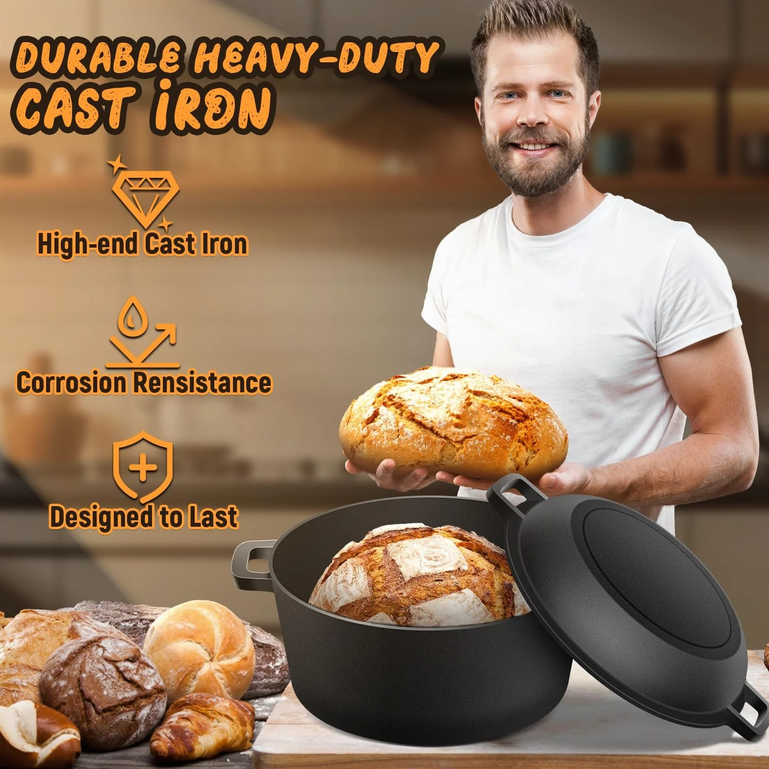 Żeliwny garnek Dutch Oven 26 cm do pieczenia chleba z pokrywką 2 w 1