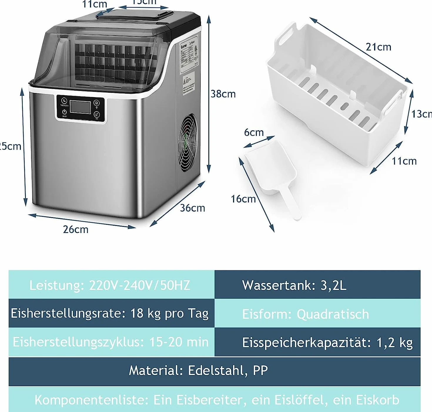 GOPLUS kostkarka do lodu 18 kg/24h 3,2 L zbiornik na wodę 1,2 kg koszyk na lód 24 kostki 15-20 min