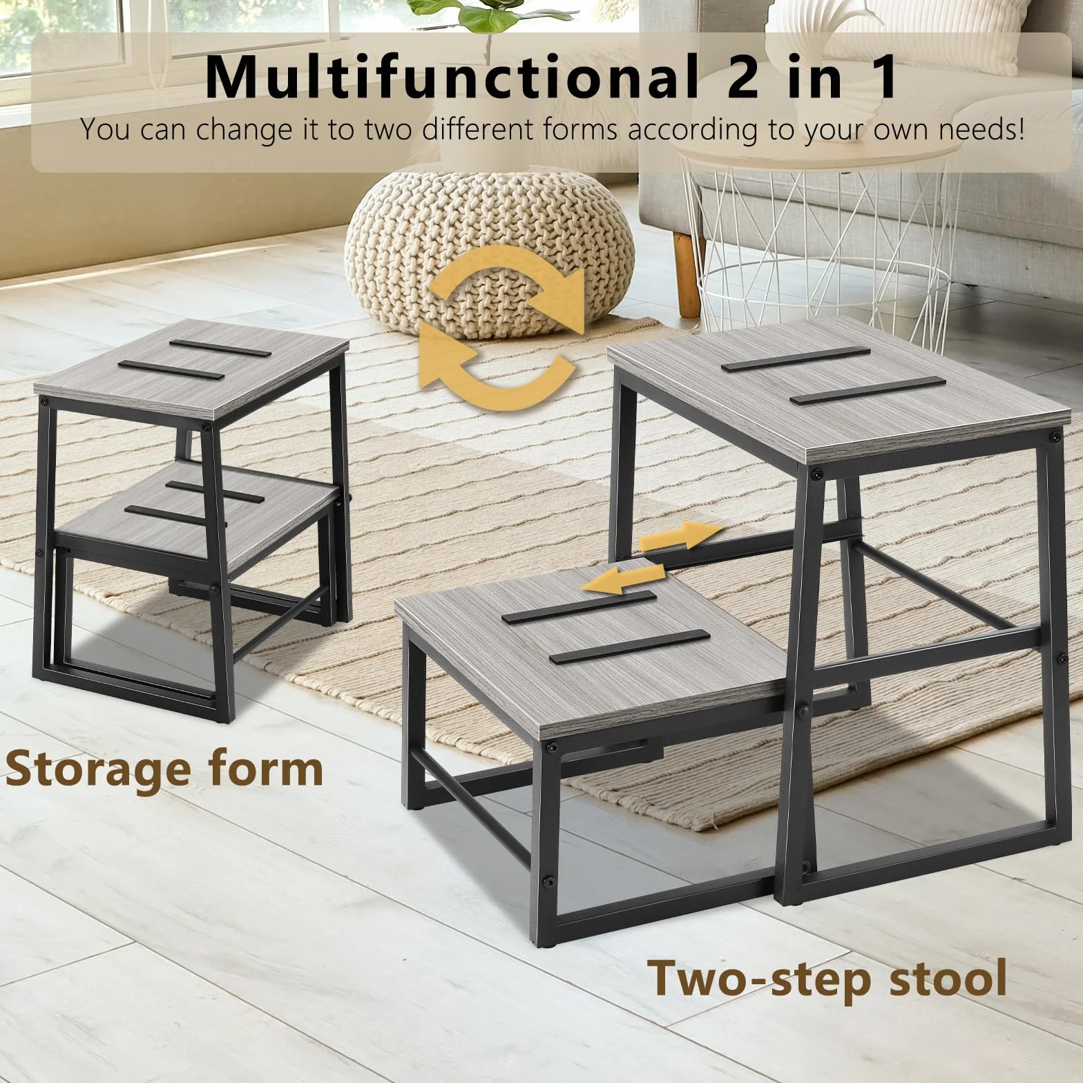 LIANTRAL 2 w 1 taboret ze schodkiem dla dorosłych i dzieci, 2 poziomy, drewniany taboret o nośności 160 kg, metalowa rama, podnóżek do łóżka piętrowego, antypoślizgowy taboret do kuchni, biura, zamek