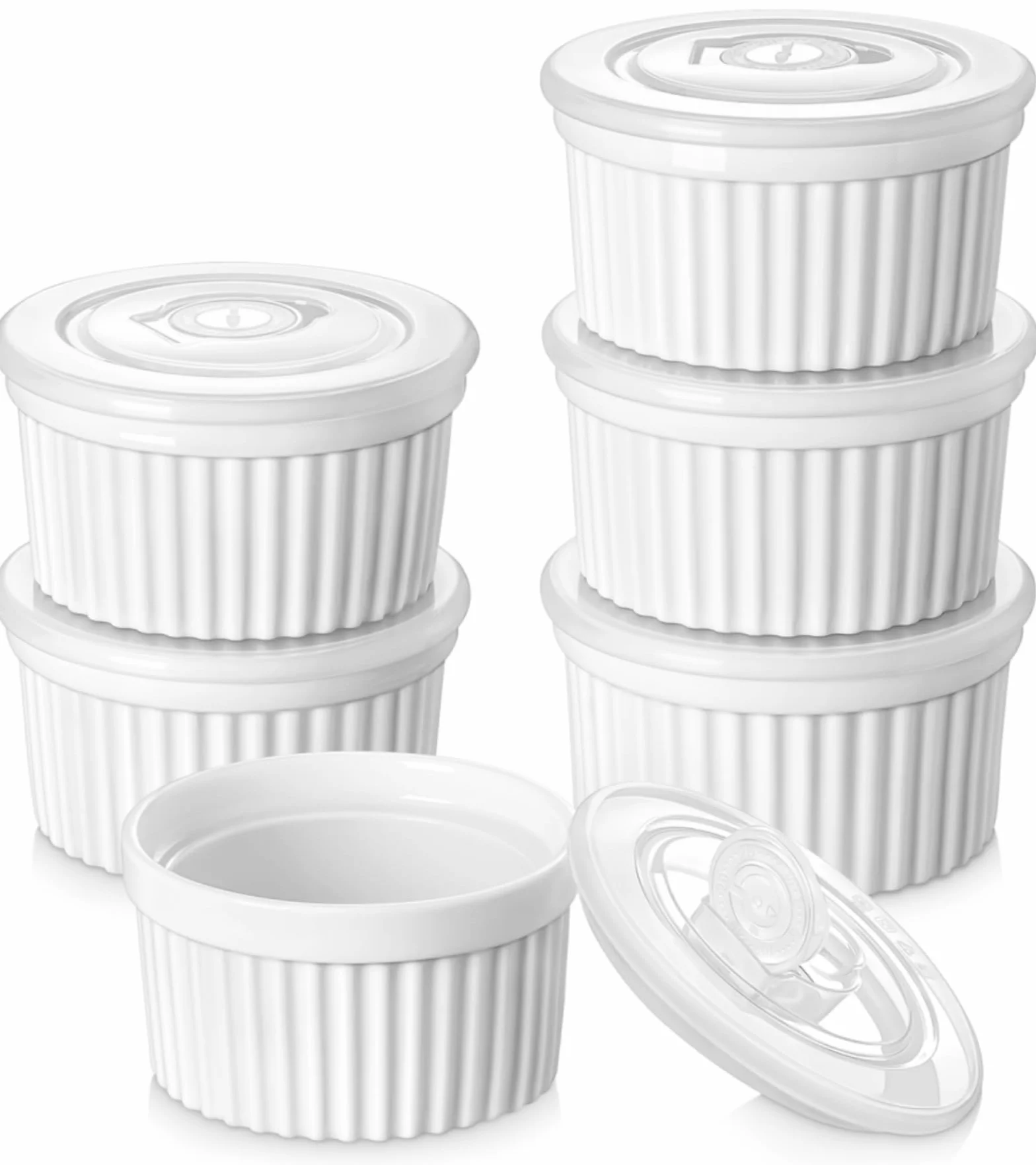 vancasso Ramekins 230 ml z pokrywkami, zestaw 6 naczyń do sufletu, 10,1 cm, biała porcelana, kremowe ramekiny, kubki do pieczenia pudddingu, owoców, dipów, zmywarki i piekarnika