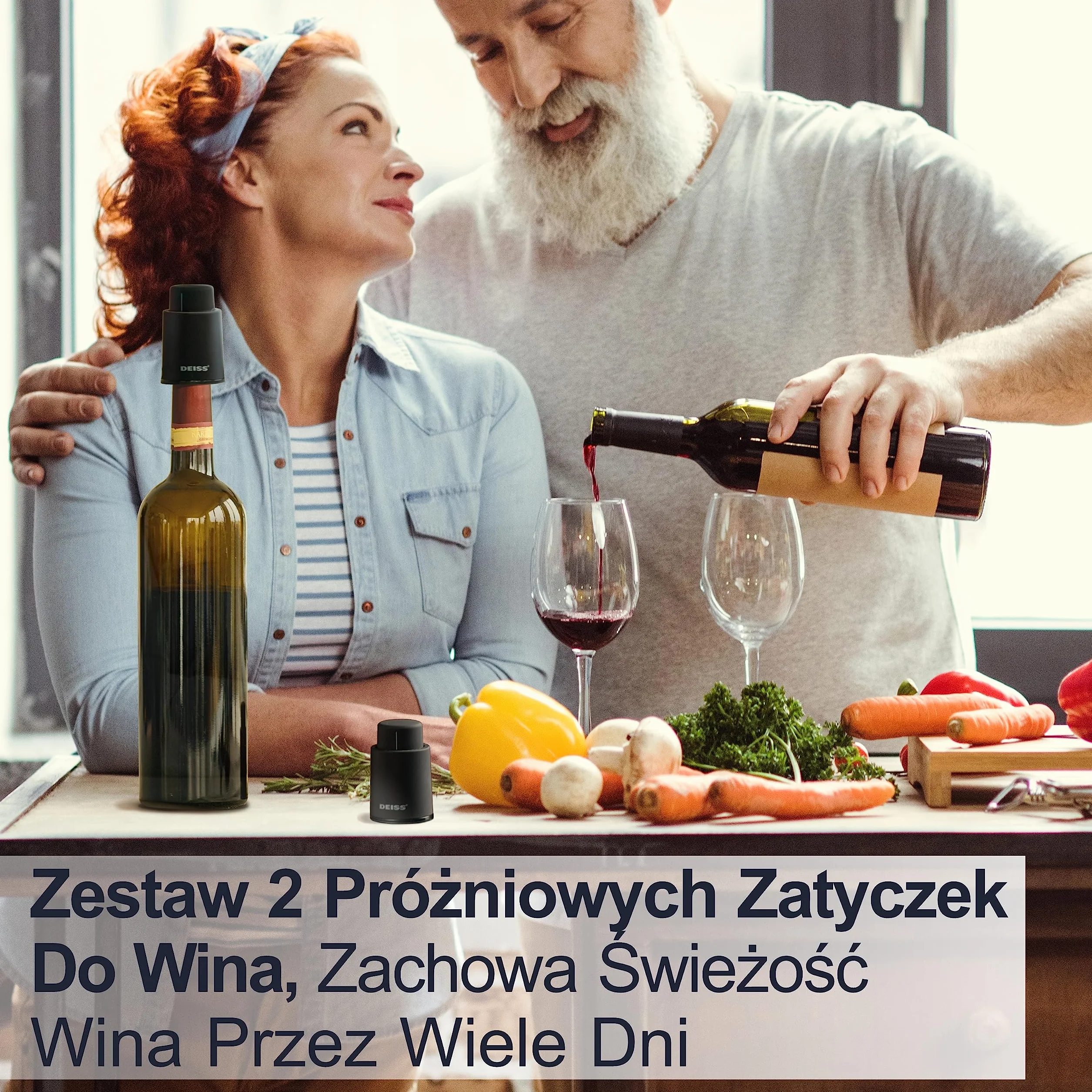 Deiss LUX [2 SZT.] Korki do butelek wina, korki do wina wielokrotnego użytku, pompka próżniowa do wina ze znacznikami daty, korek do wina, korek do wina, zapewniający świeżość
