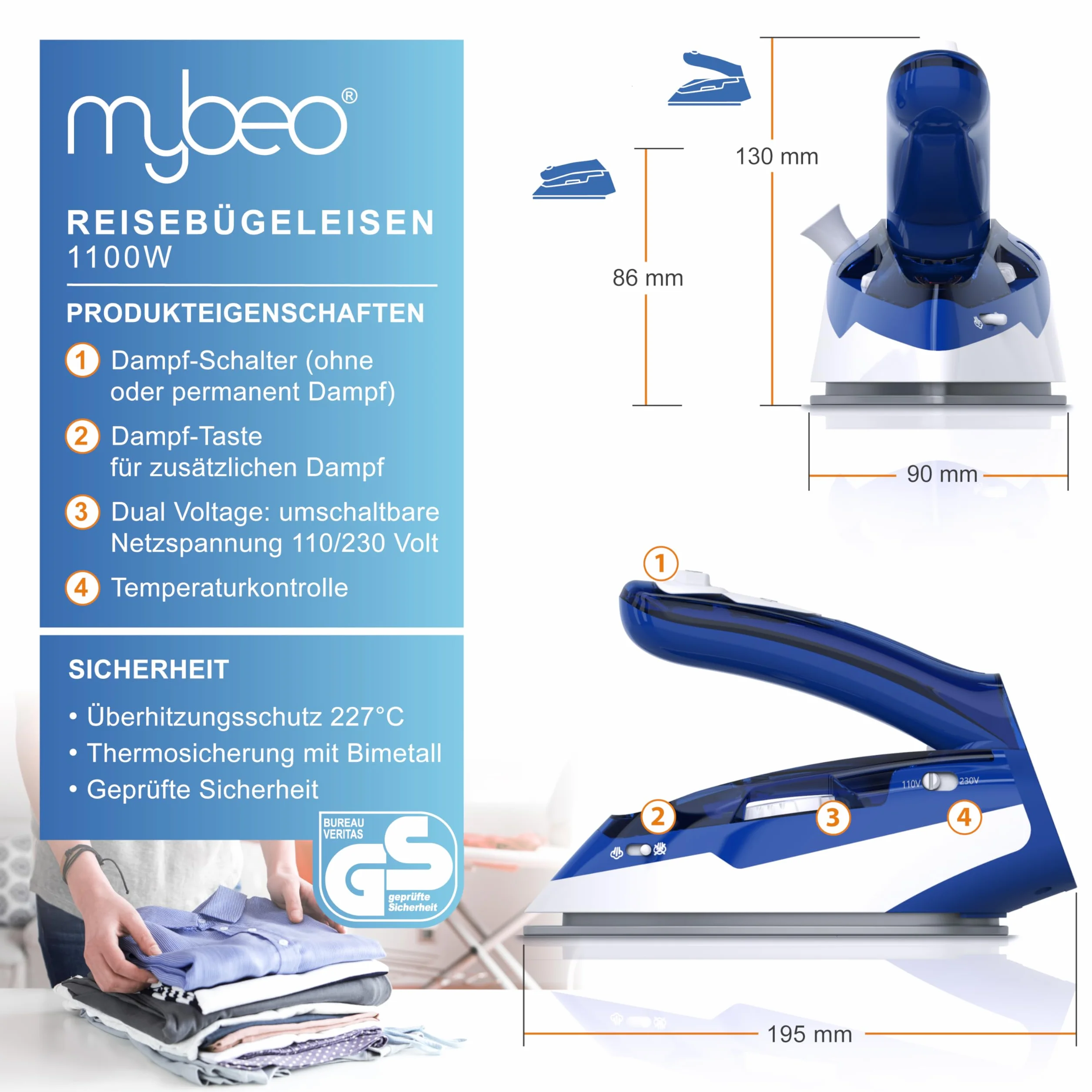 MyBeo – żelazko turystyczne 1100 W – żelazko parowe – Dual-Voltage 110/230 V – mini żelazko z nieprzywierającą stopą żelazka – 3-stopniowa regulacja, składane żelazko podróżne, małe i lekkie