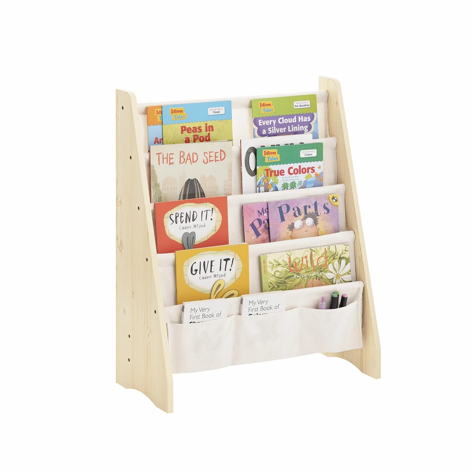 SoBuy Montessori KMB50-N regał na książki, do pokoju dziecięcego, z 4 przegródkami z materiału, do przechowywania zabawek i książek, regał dziecięcy, z wachlarzem wiszącym, naturalny, 63 x 76 x 28 cm