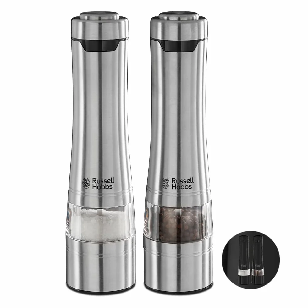 Russell Hobbs młynek do pieprzu i soli, młynek ceramiczny, regulacja stopnia mielenia od drobnego do grubego, oświetlenie LED, zasilanie bateryjne, 2 pokrywy dolne 23460-56