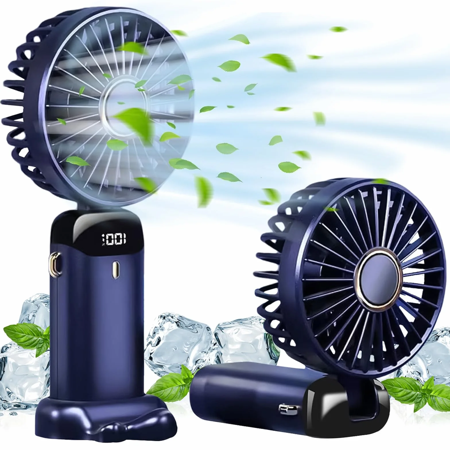 Przenośny wentylator ręczny, osobisty wentylator ładowany przez USB, 4800 mAh, składany mini wentylator biurkowy 90°, z cyfrowym wyświetlaczem LED, 5 prędkości, wielofunkcyjny wentylator do