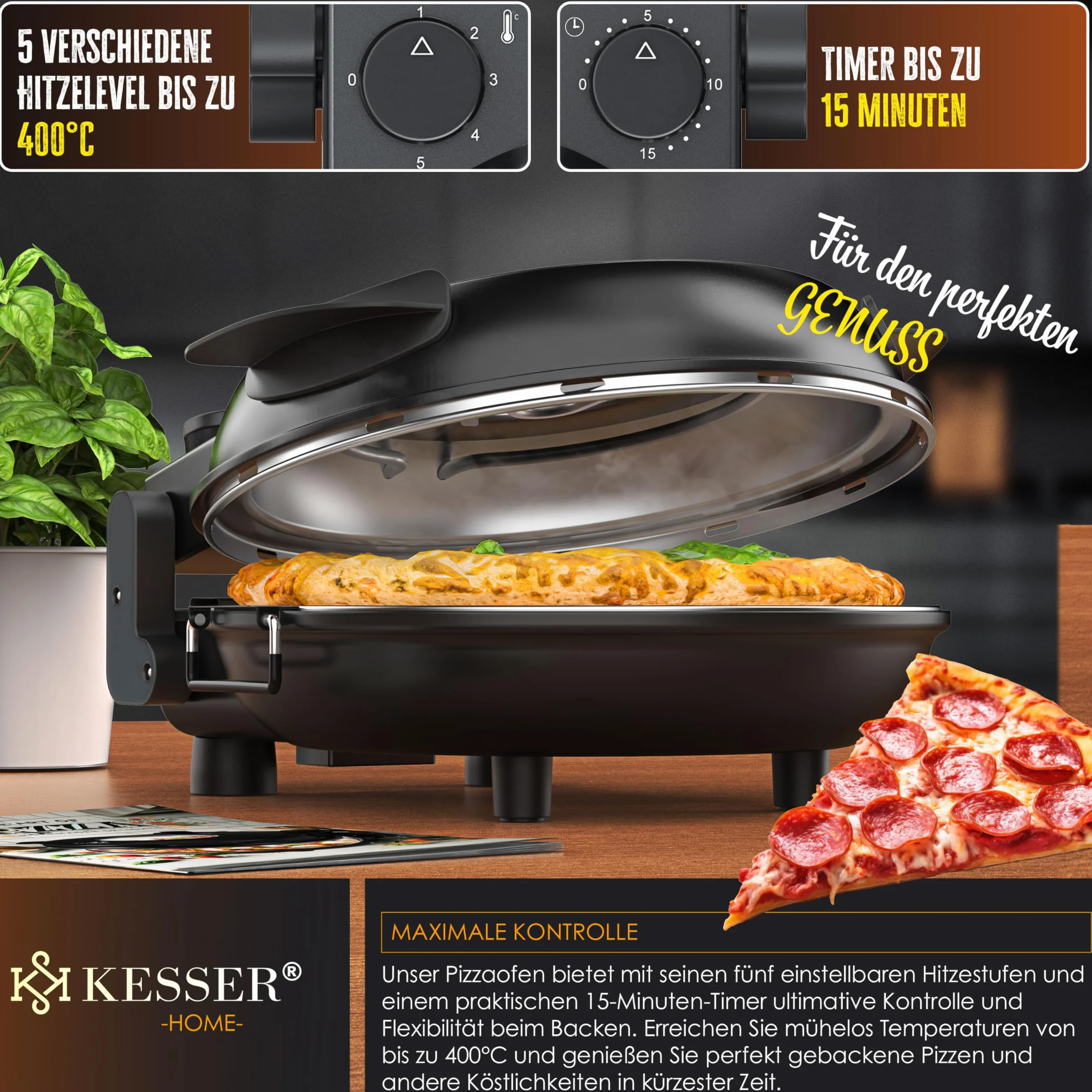 KESSER Elektryczny piec do pizzy 1200W 32cm 5 poziomów grzania z płytą kamienną