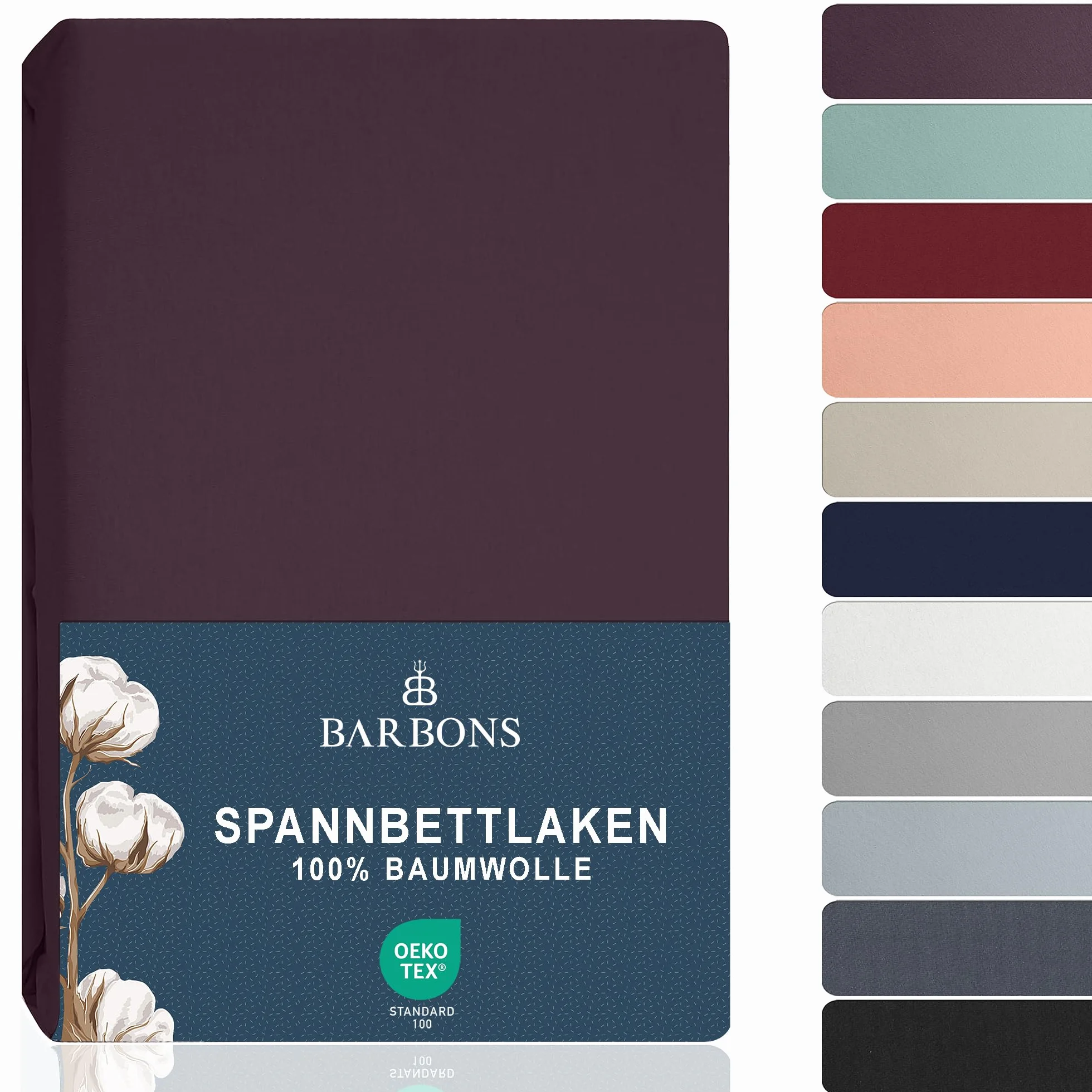 BARBONS Prześcieradło z gumką 90 x 200 cm 100% bawełna Jersey Oeko-TEX, wysokość materaca do 27 cm, bakłażan