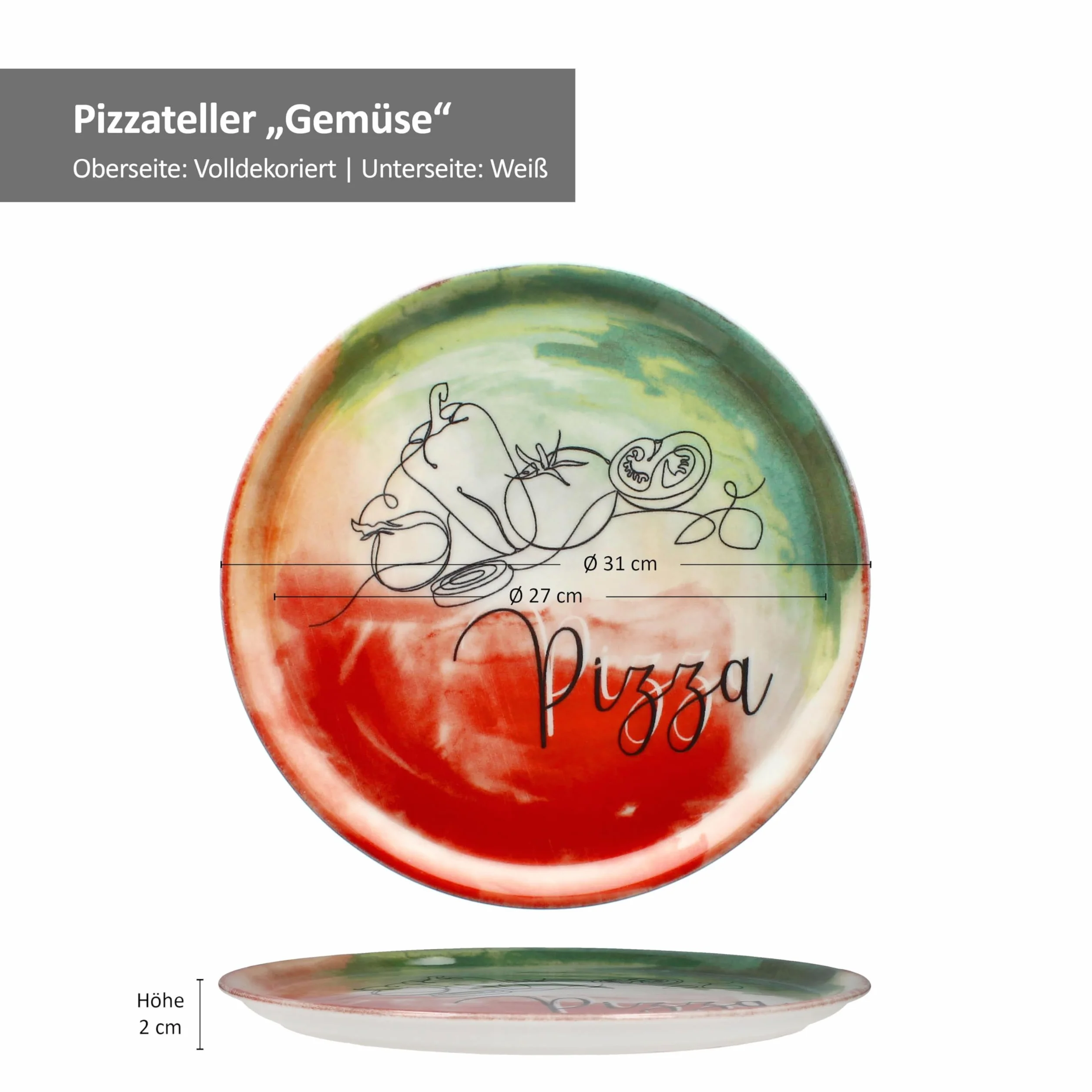 MamboCat Zestaw 2 talerzy do pizzy z warzywami i olejem, Ø 31 cm, dla 2 osób, duże talerze do pizzy z porcelany z dekoracją i napisem, do pizzy lub do przyrządzania I talerz obiadowy XL, półmisek do