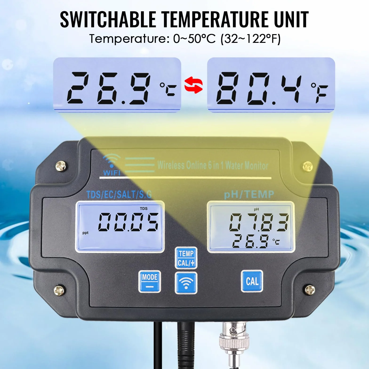 Tester jakości wody WLAN, monitor pH 6 w 1, mierzy pH/EC/TDS/zasolenie/ciężar i temperaturę, 24-godzinny monitoring aplikacji online i zapisywanie krzywych danych, miernik pH montowany na ścianie