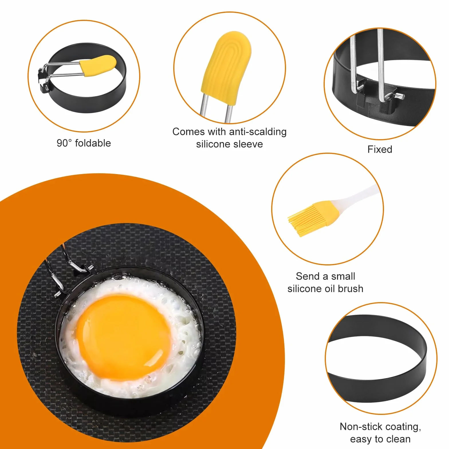 4-pak foremek do omletów i jajek sadzonych, powlekanych antyadhezyjną, okrągłe pierścienie ze szczotką, patelnie do pancake