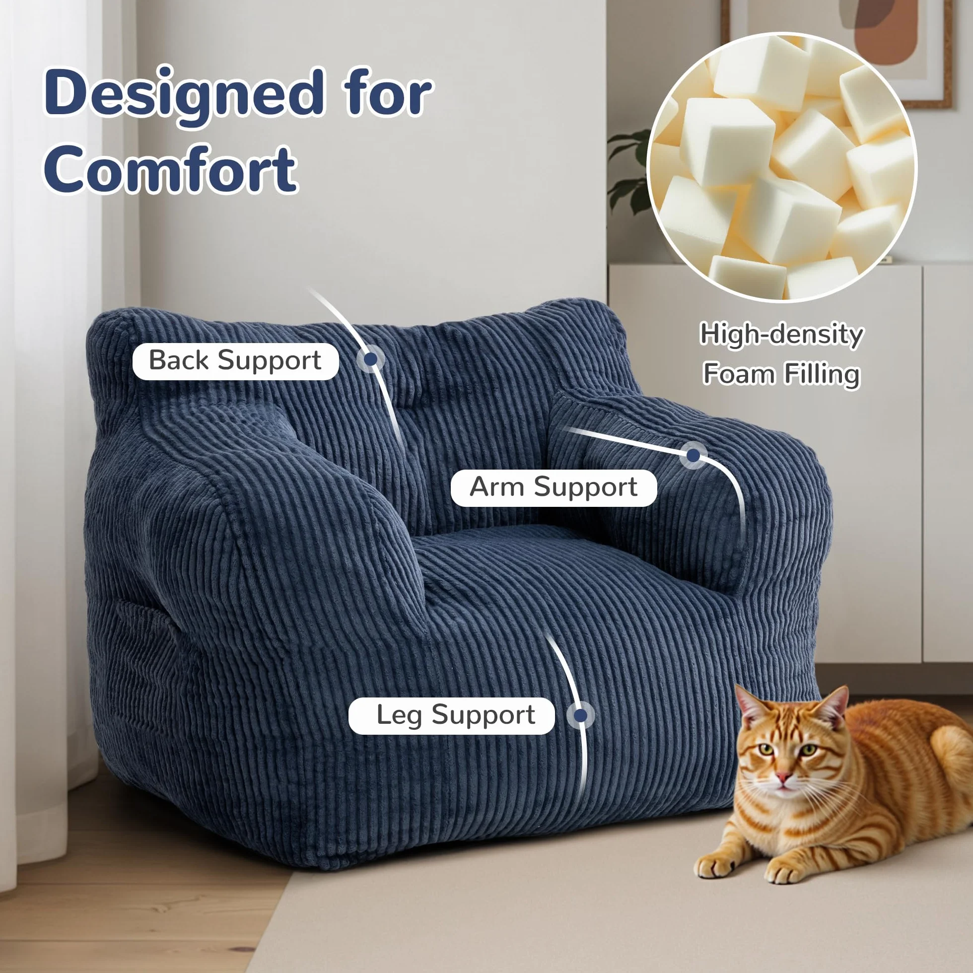 Pamapic Worek do siedzenia, worek do siedzenia dla dorosłych z wypełnieniem, Bean Bag Chair z przenośnym uchwytem, nowoczesny, ergonomiczny worek do siedzenia, do salonu, sypialni, pokoju zabaw