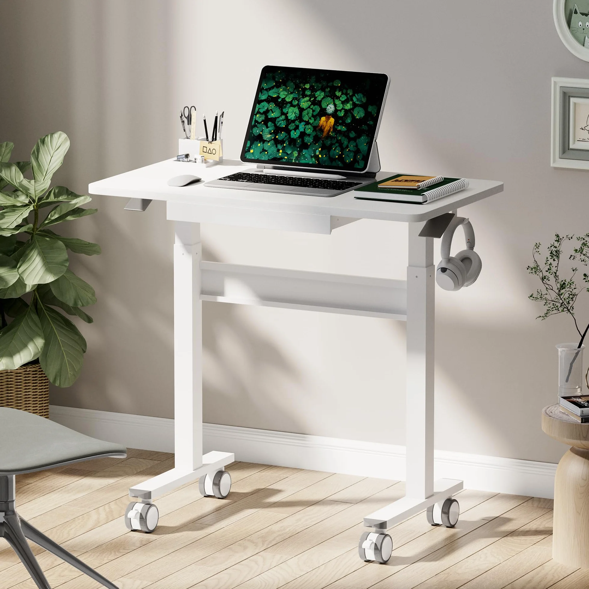 Mobilne Biurko z Regulacją Wysokości 88x50 cm, Pneumatyczne, z Kółkami, Haczykiem i Szufladą, Wózek Roboczy do Pracy na Laptopie