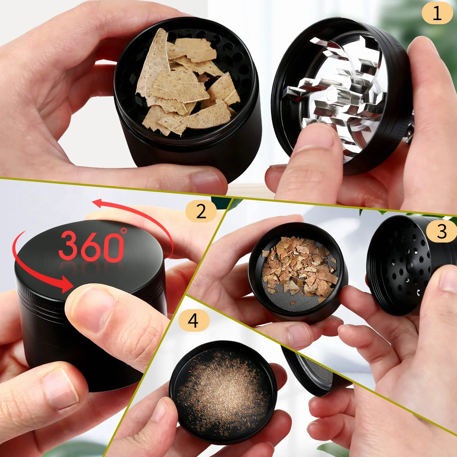 Bäcker & Lecker Pollen Grinder Crusher młynek do ziół, suszonych ziół, przypraw, ze stopu cynku, 4-częściowy zestaw ze skrobakiem do pyłków, czarny