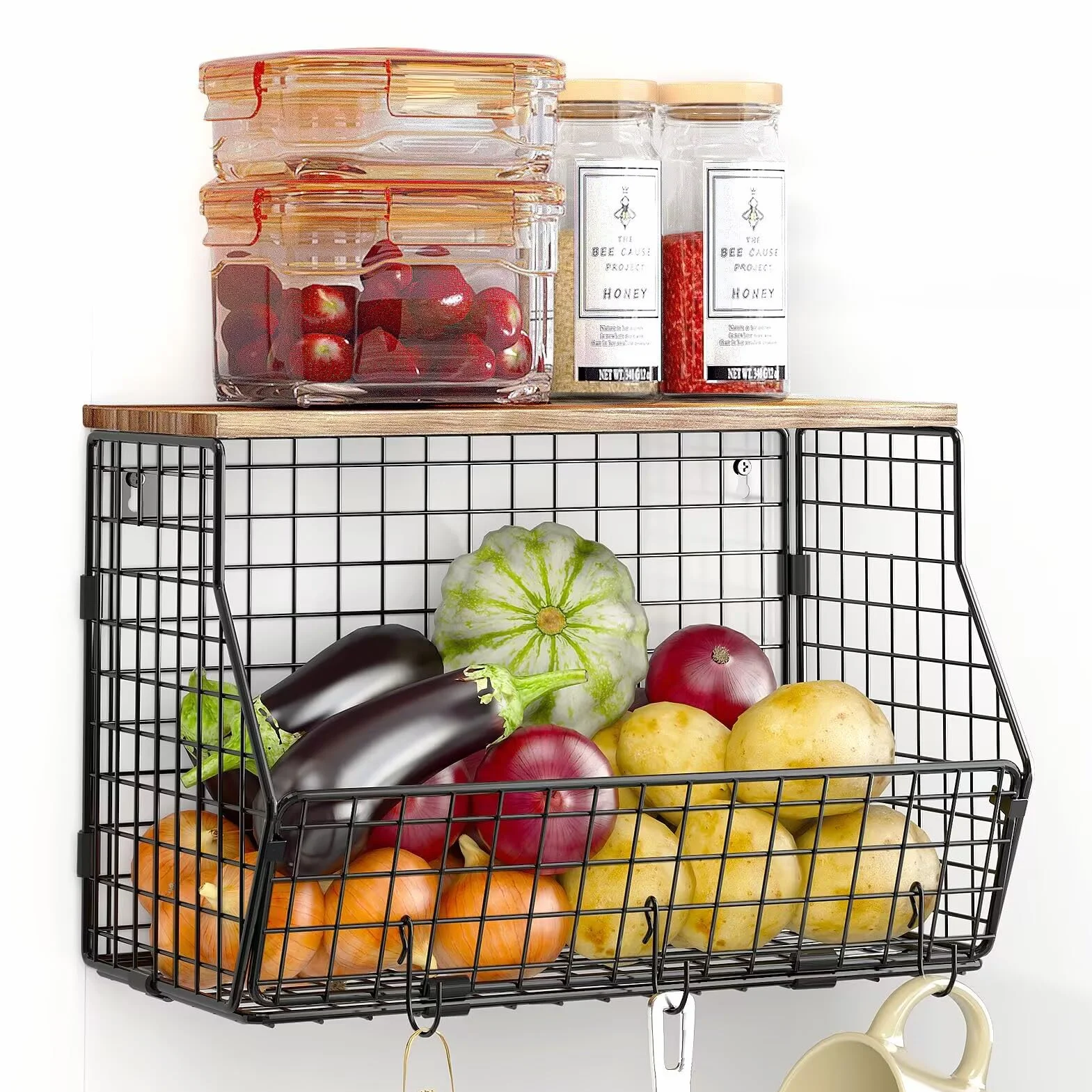 WELDUN Metalowy kosz na owoce, wisząca miska na owoce z wieszakiem na banany, kuchenny stojak na blat, naścienne kosze do przechowywania warzyw, owoców, chleba