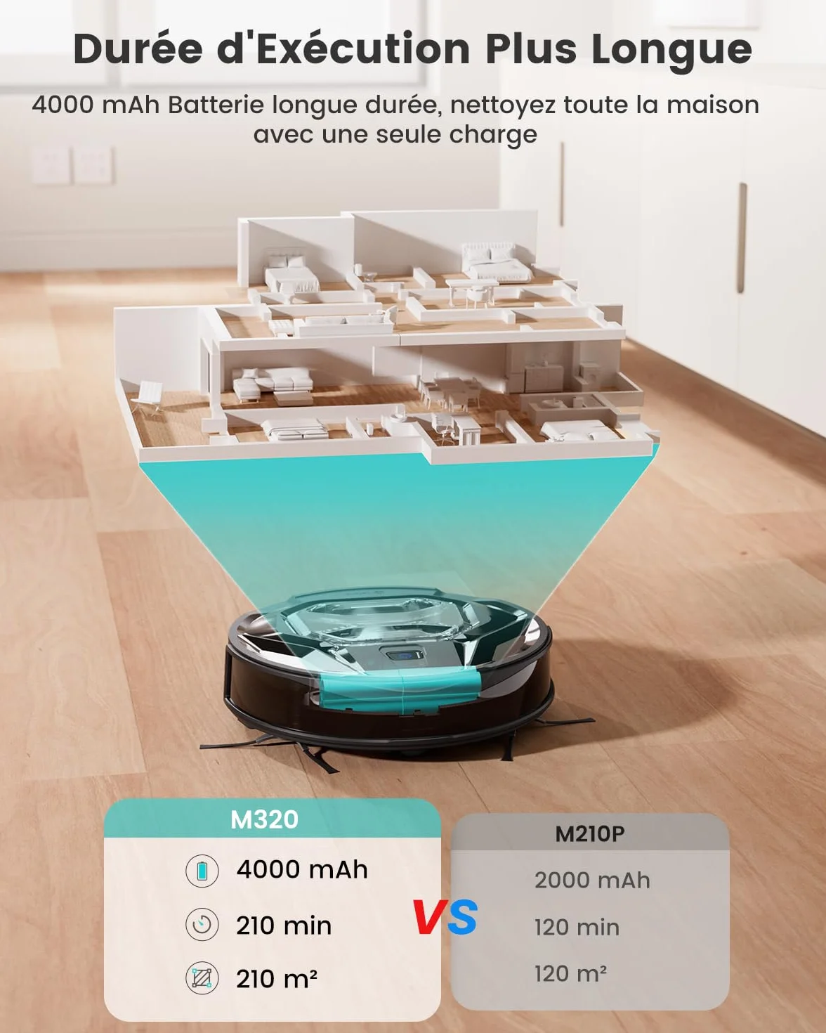 LEFANT M320 robot odkurzający z funkcją wycierania 3 w 1, 6000 Pa robot odkurzający z precyzyjną nawigacją odległości, widoczny pojemnik na kurz 800 ml, 210 min, Wi-Fi/aplikacja, idealny do sierści