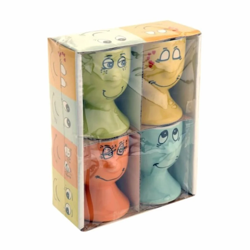 KI Zestaw 4 porcelanowych kubków do jajek z zabawną twarzą
