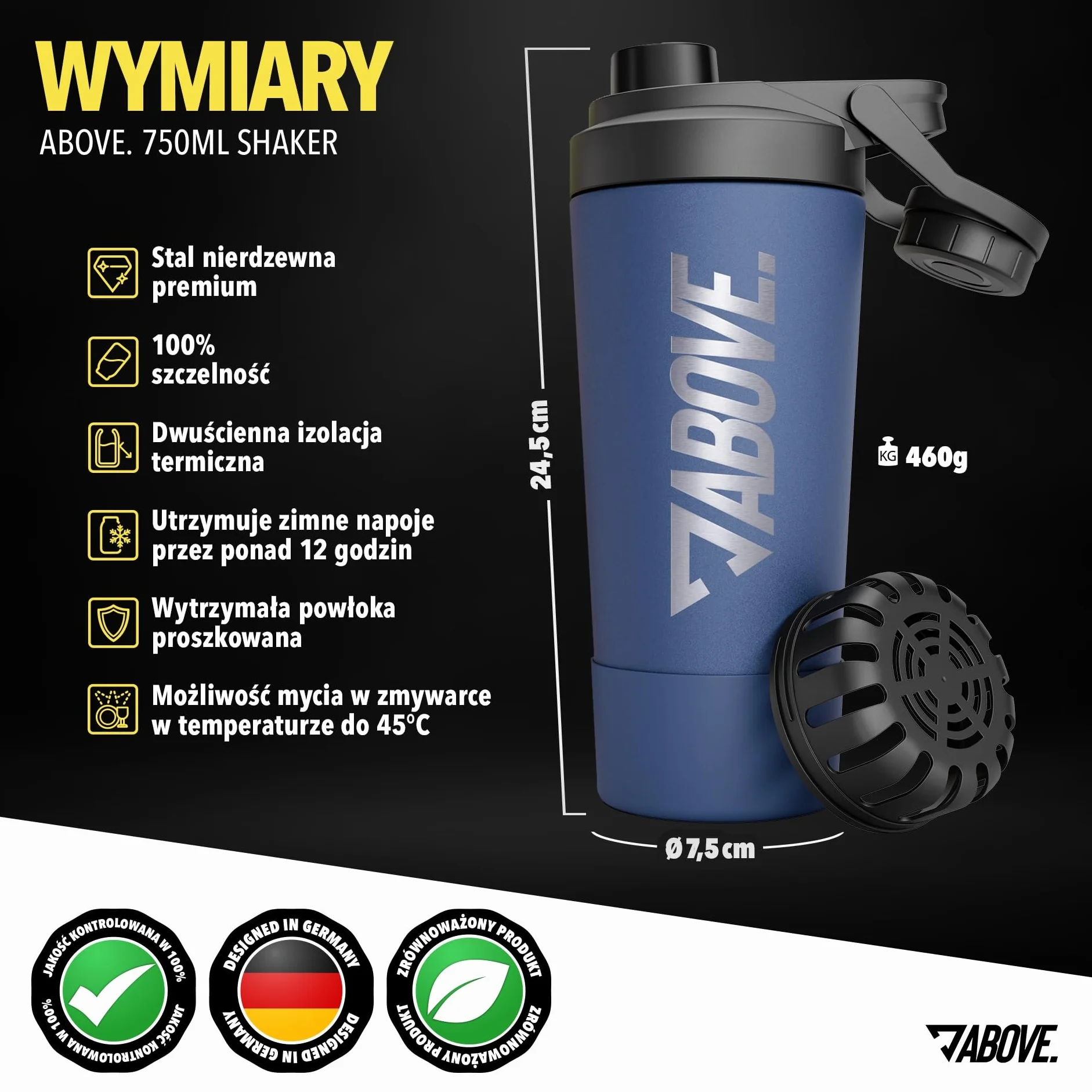 ABOVE. Shaker Białkowy Stal 750ml – Bez BPA i Izolowany: Utrzymuje Napój Gorący lub Zimny 12H – Wbudowana Skala & 100% Szczelna Pokrywka – Solidny & Trwały – Można Myć w Zmywarce do 45°C (Niebieski)