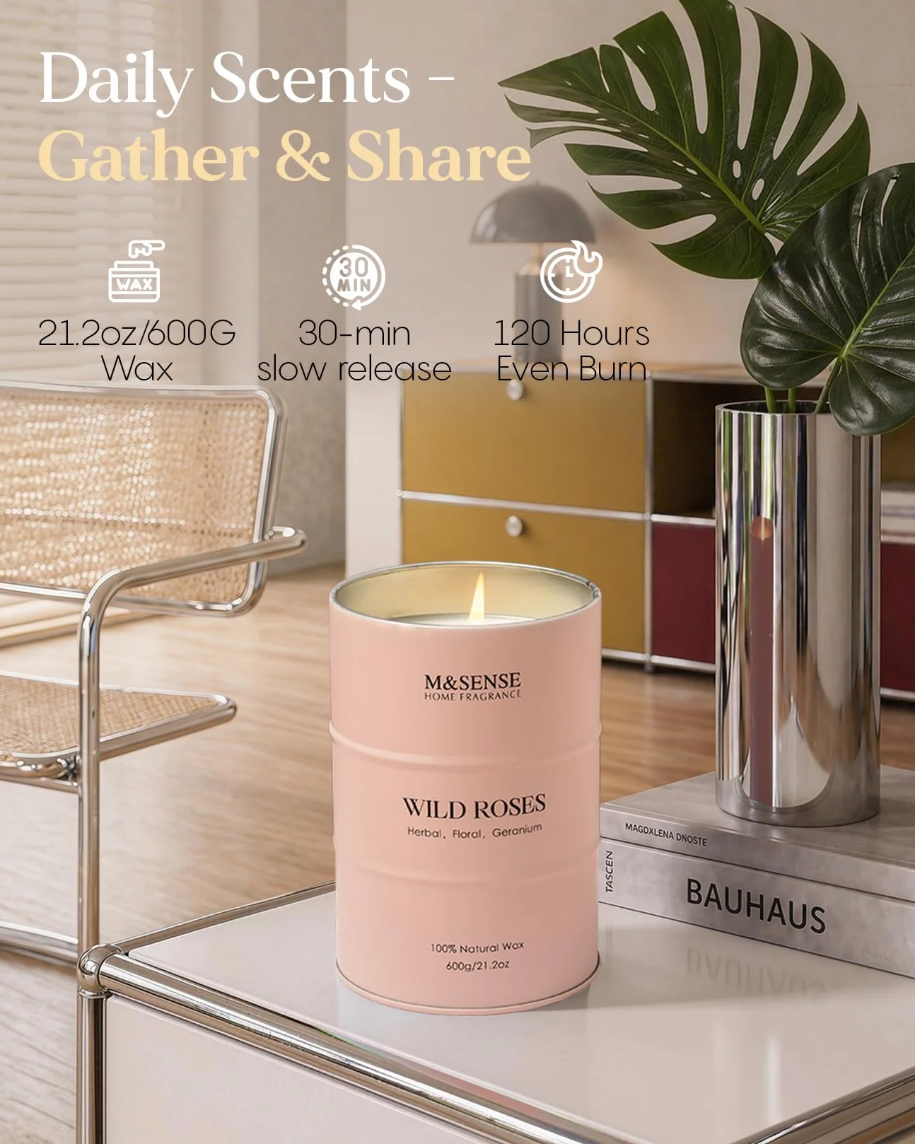 M&SENSE ŚWIECA ZAPACHOWA - Dzika Róża | Naturalny Wosk Sojowy 600g | 120h Palenia | Romantyczny Prezent na Walentynki