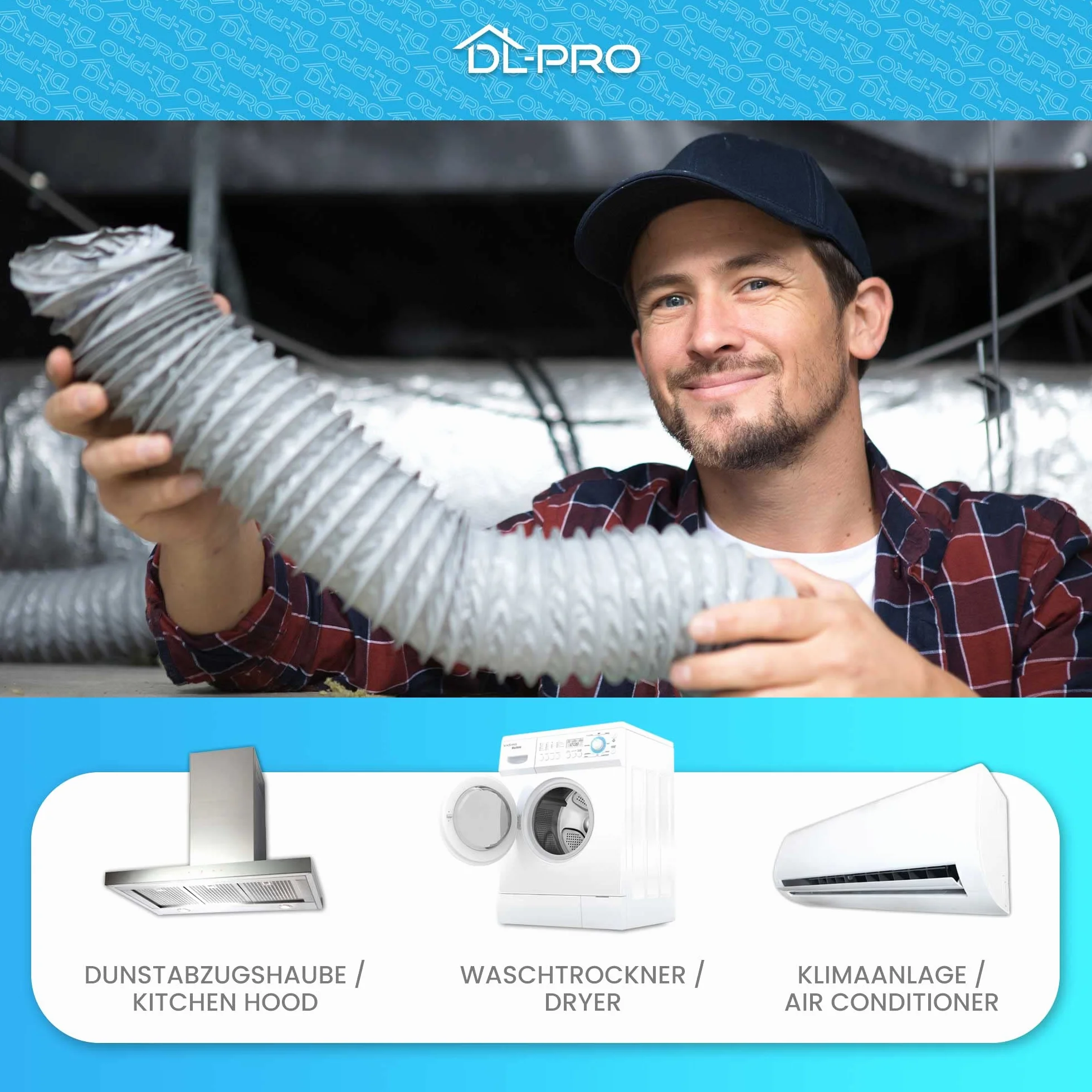 DL-pro Wąż powietrza wylotowego Ø 100 mm (wymiary wewnętrzne) – kompatybilny z klimatyzacją, okapem, suszarką – w zestawie 2 obejmy do węża – rura elastyczna PCW biały – nie nadaje się do urządzeń Ø