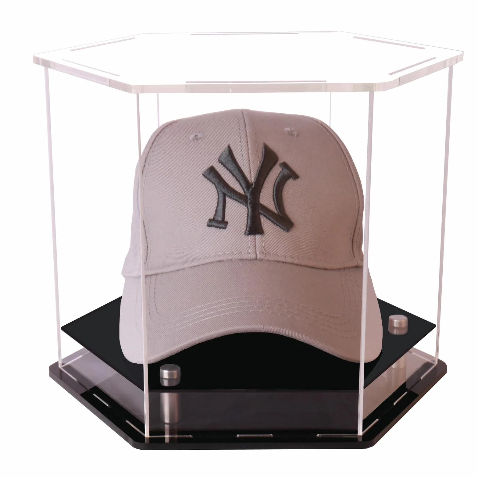 Przezroczysta sześciokątna witryna na kapelusze, akrylowa, do baseballu, czapki piłkarskiej, stojaka, idealna do baseballu, piłki nożnej lub czapek typu snapback, 24 x 22 x 20 cm