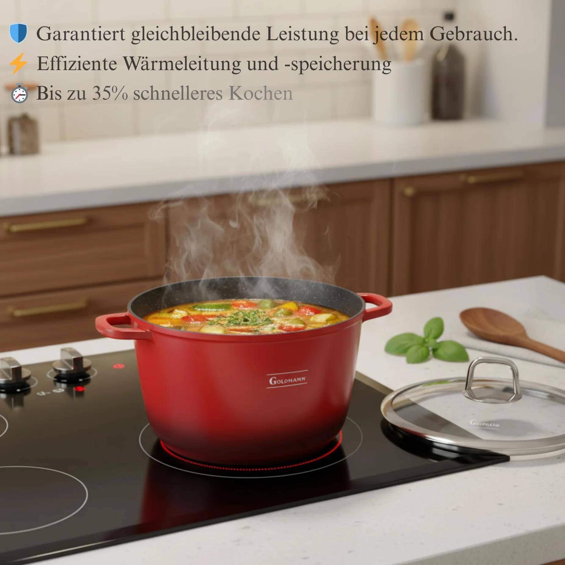GOLDMANN garnek z odlewanego aluminium 28 cm 10 L, powłoka ceramiczna nieprzywierająca, szklana pokrywka, nadaje się do kuchenek indukcyjnych, można używać w piekarniku, bez PFOA
