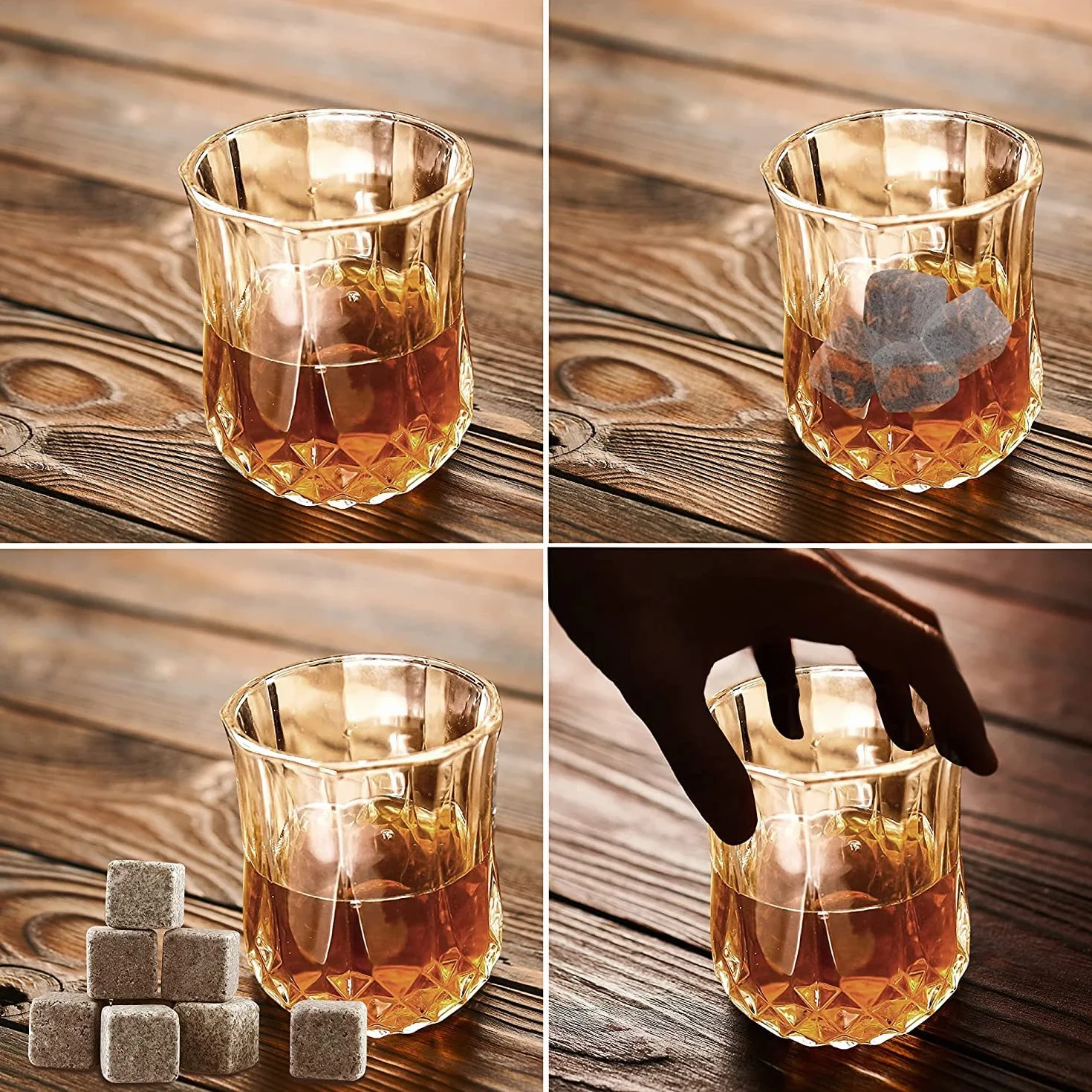 kamienie do whisky i szklanki, zestaw prezentowy dla mężczyzn, 8 granitowych kamieni do whisky + 2 kryształowe szklanki do whisky i aksamitna torba, na Dzień Ojca, Boże Narodzenie, prezent urodzinowy, prezent dla taty, chłopaka