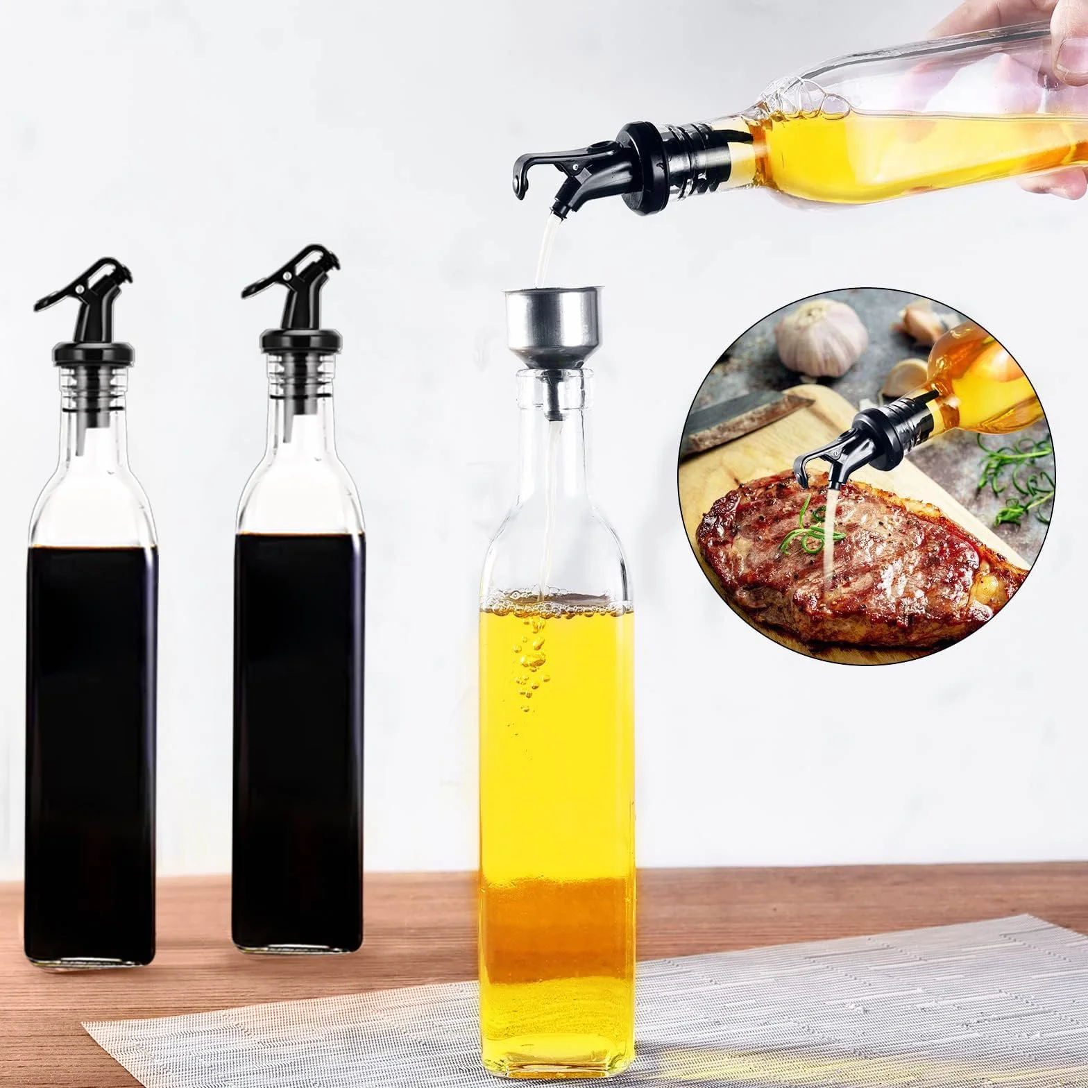 Zestaw butelek na ocet i olej ze stojakiem bambusowym, szklane butelki 500 ml, dozownik oleju, 4 szt.