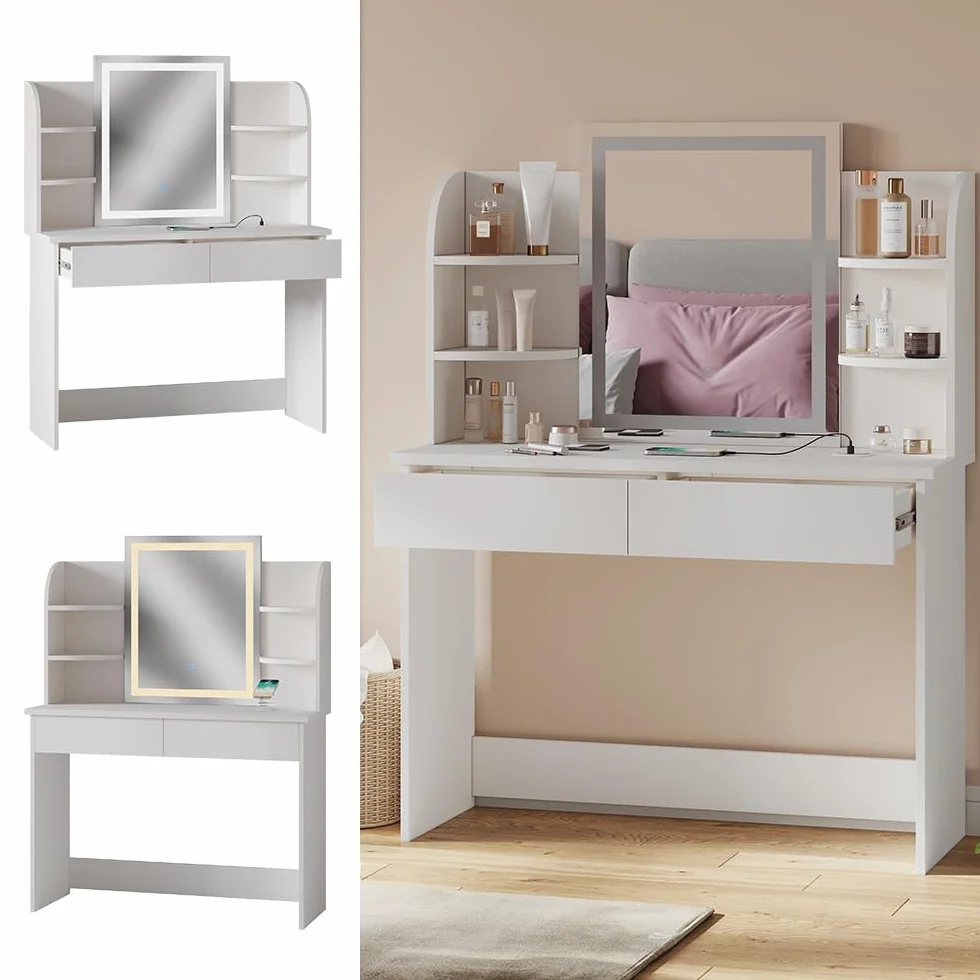 Vicco Toaletka "Charlotte", Biały, 106 cm z lusterkiem LED i stacją ładującą QI